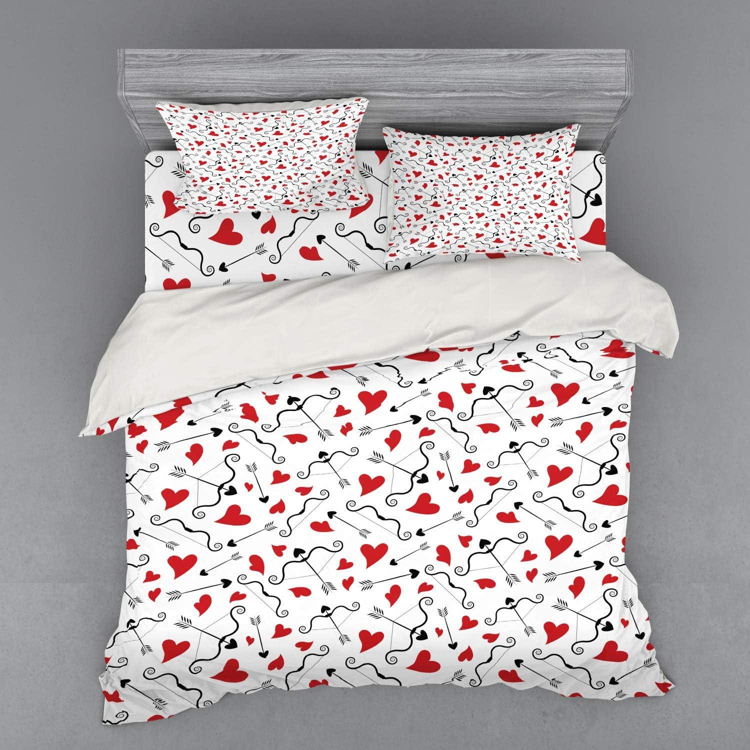 imageAmbesonne Valentines Bedding Set Arrows of Cupid Mythological Concepts Hearts with Love and Adoration Themes 4 Piece Duvet Cover Set with Shams and Fitted Sheet California King Black Red WhiteBlack Red White