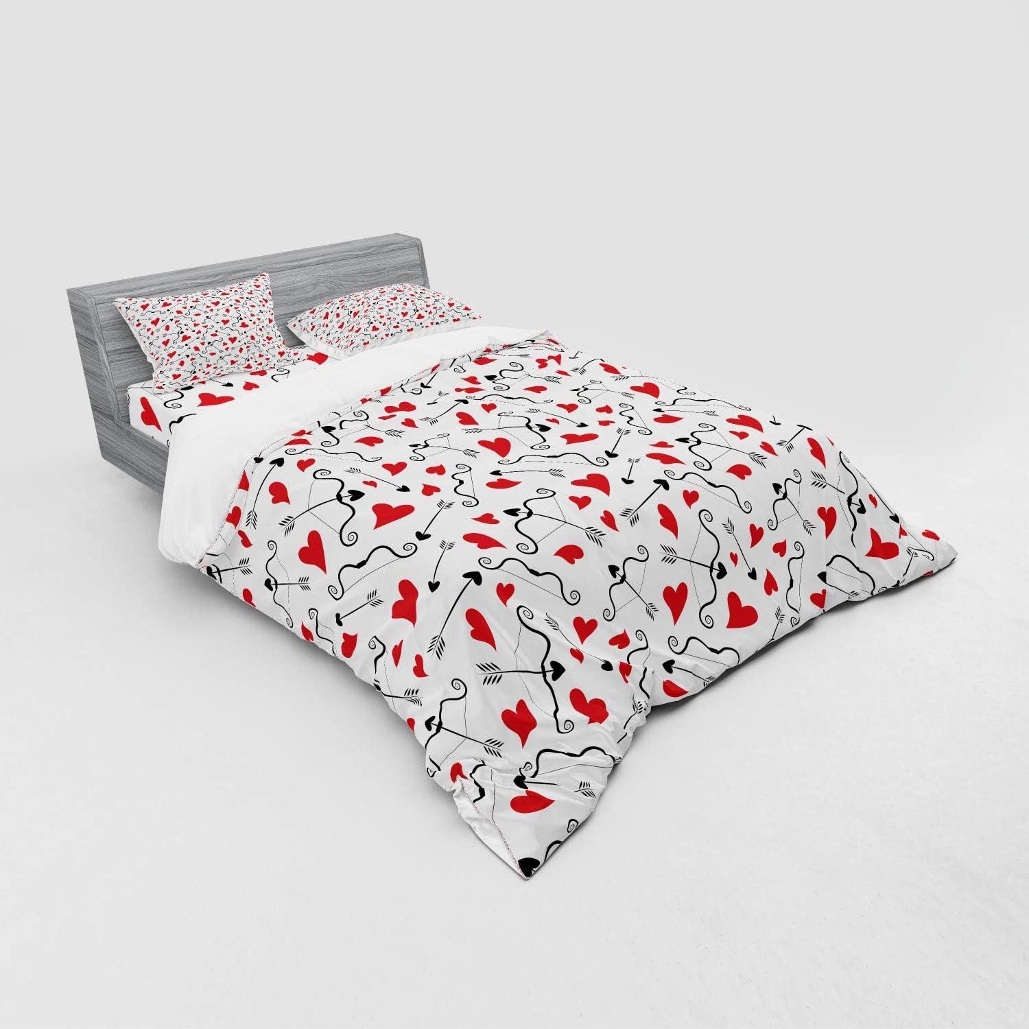 imageAmbesonne Valentines Bedding Set Arrows of Cupid Mythological Concepts Hearts with Love and Adoration Themes 4 Piece Duvet Cover Set with Shams and Fitted Sheet California King Black Red WhiteBlack Red White
