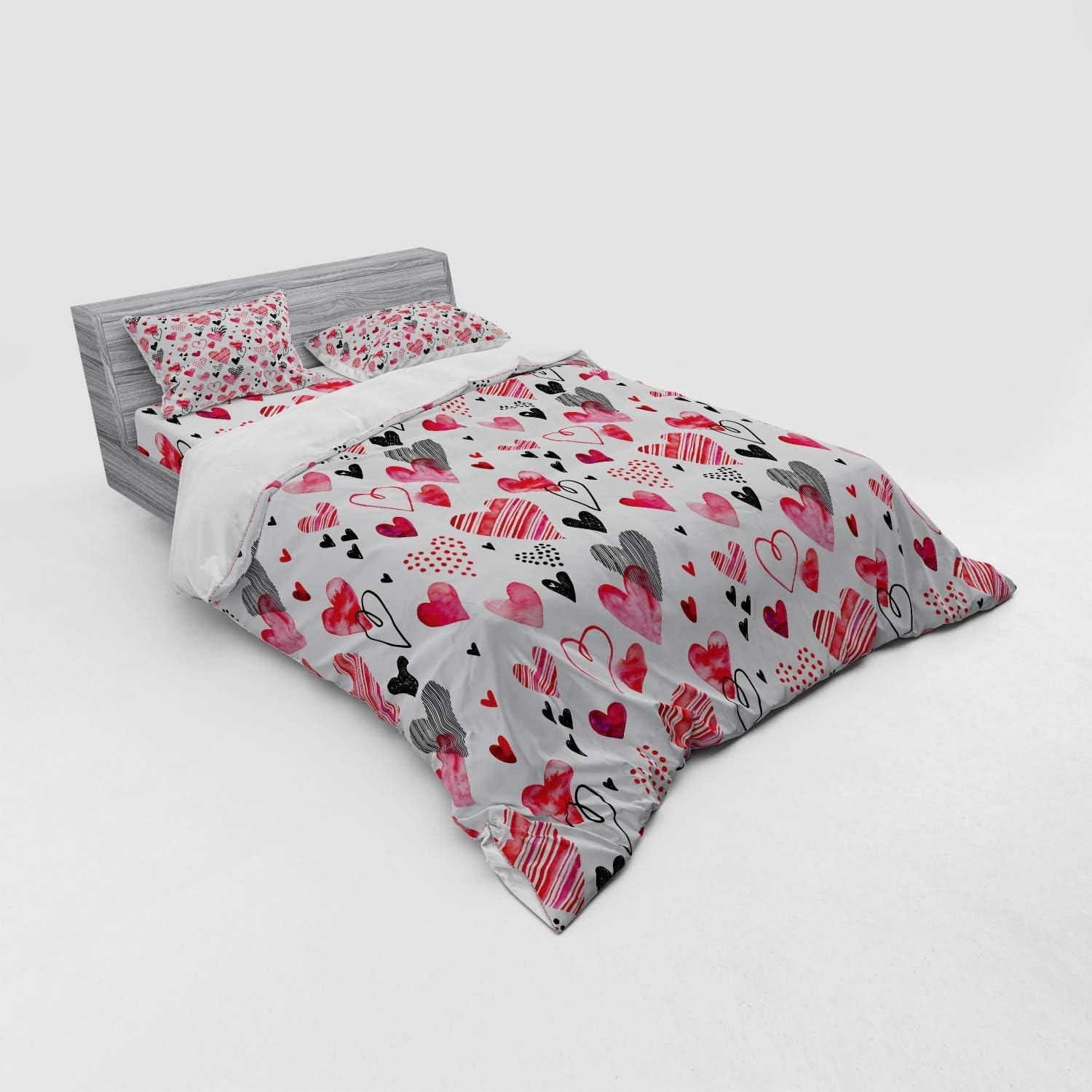 imageAmbesonne Valentines Bedding Set Doodle Style Hearts with Different Designs Romantic Inspirations for Art 4 Piece Duvet Cover Set with Shams and Fitted Sheet California King Black Red PinkBlack Red Pink