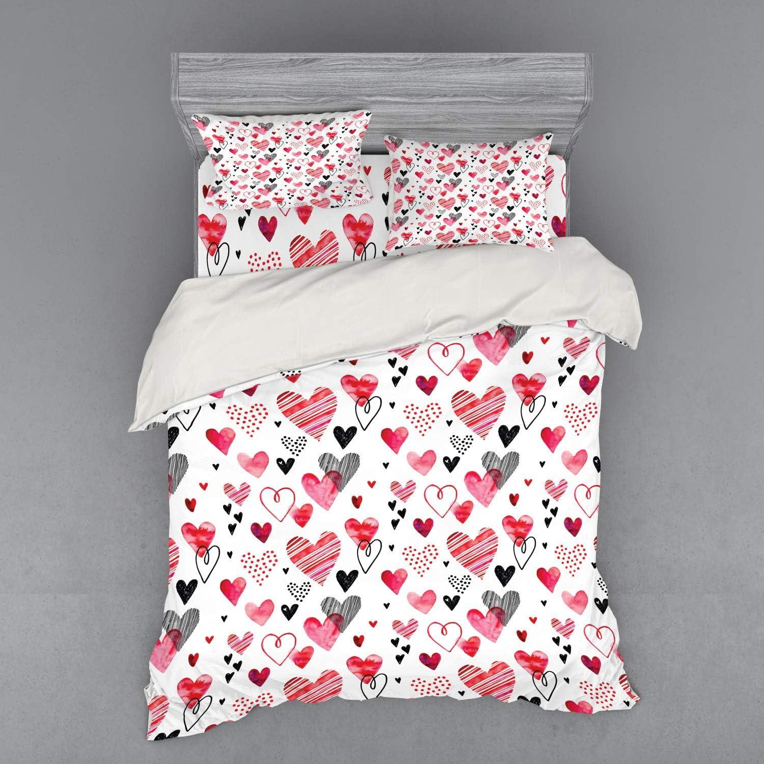 imageAmbesonne Valentines Bedding Set Doodle Style Hearts with Different Designs Romantic Inspirations for Art 4 Piece Duvet Cover Set with Shams and Fitted Sheet California King Black Red PinkBlack Red Pink