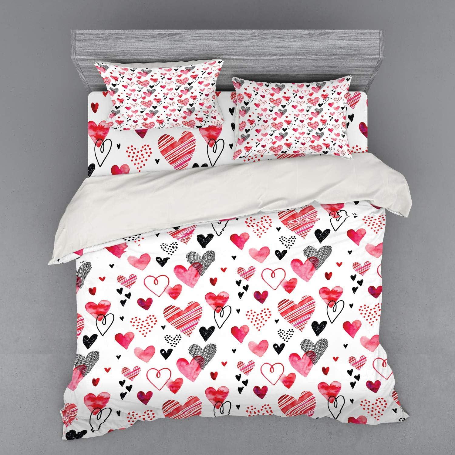 imageAmbesonne Valentines Bedding Set Doodle Style Hearts with Different Designs Romantic Inspirations for Art 4 Piece Duvet Cover Set with Shams and Fitted Sheet California King Black Red PinkBlack Red Pink