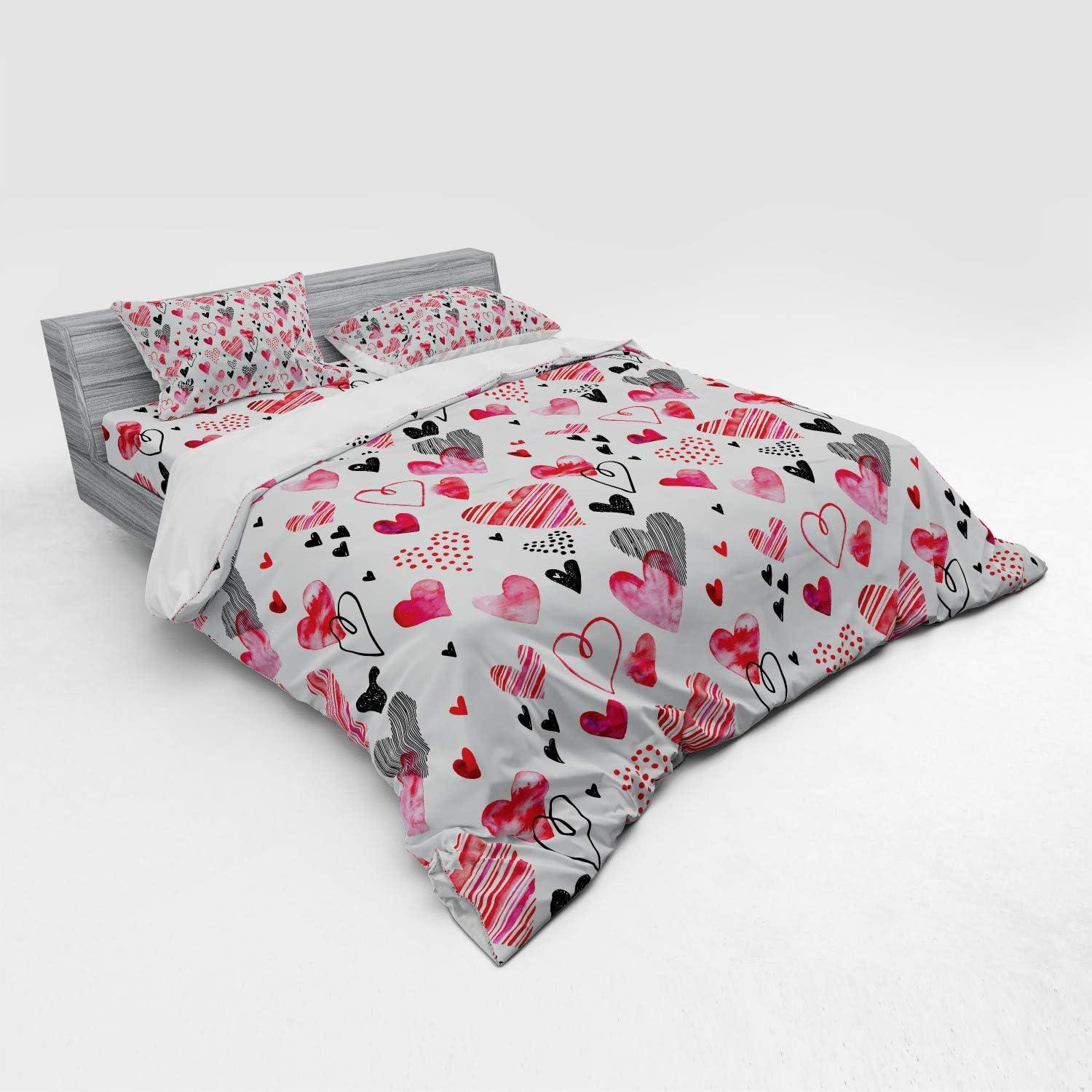 imageAmbesonne Valentines Bedding Set Doodle Style Hearts with Different Designs Romantic Inspirations for Art 4 Piece Duvet Cover Set with Shams and Fitted Sheet California King Black Red PinkBlack Red Pink