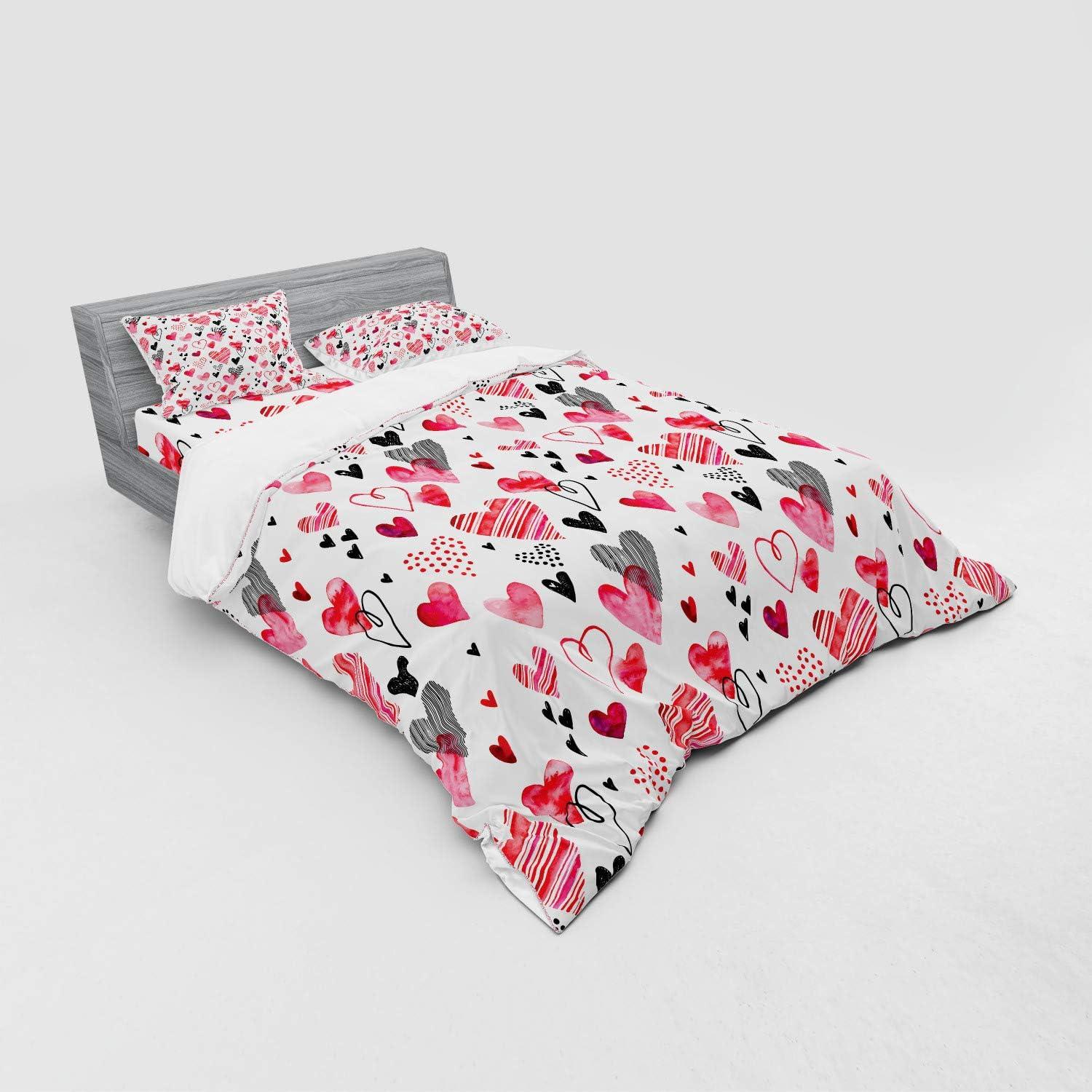 imageAmbesonne Valentines Bedding Set Doodle Style Hearts with Different Designs Romantic Inspirations for Art 4 Piece Duvet Cover Set with Shams and Fitted Sheet California King Black Red PinkBlack Red Pink