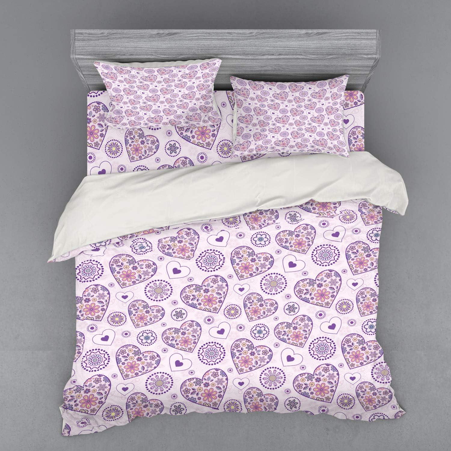 imageAmbesonne Valentines Bedding Set Heart Outlines Filled with Spring Inspired Flower Motifs 4 Piece Duvet Cover Set with Shams and Fitted Sheet California King Pale Pink Purple YellowPale Pink Purple Yellow