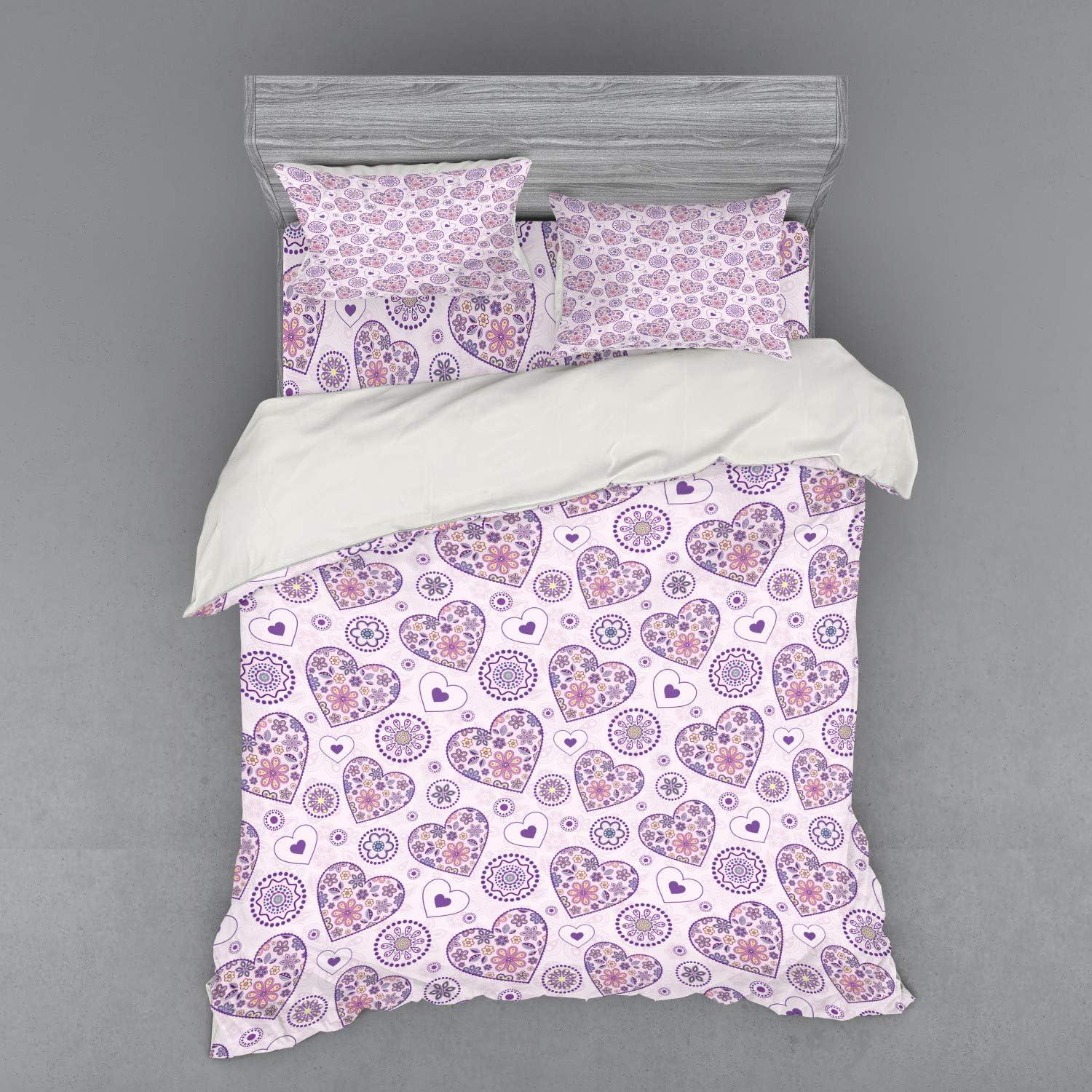 imageAmbesonne Valentines Bedding Set Heart Outlines Filled with Spring Inspired Flower Motifs 4 Piece Duvet Cover Set with Shams and Fitted Sheet California King Pale Pink Purple YellowPale Pink Purple Yellow