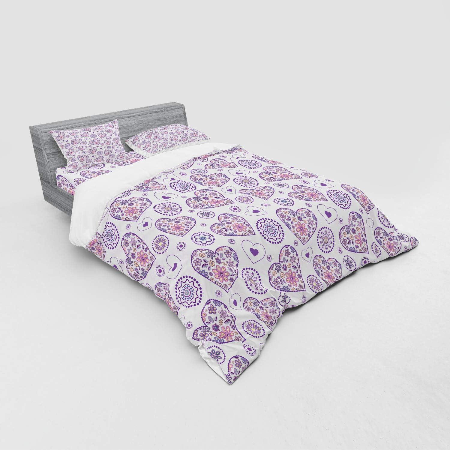 imageAmbesonne Valentines Bedding Set Heart Outlines Filled with Spring Inspired Flower Motifs 4 Piece Duvet Cover Set with Shams and Fitted Sheet California King Pale Pink Purple YellowPale Pink Purple Yellow