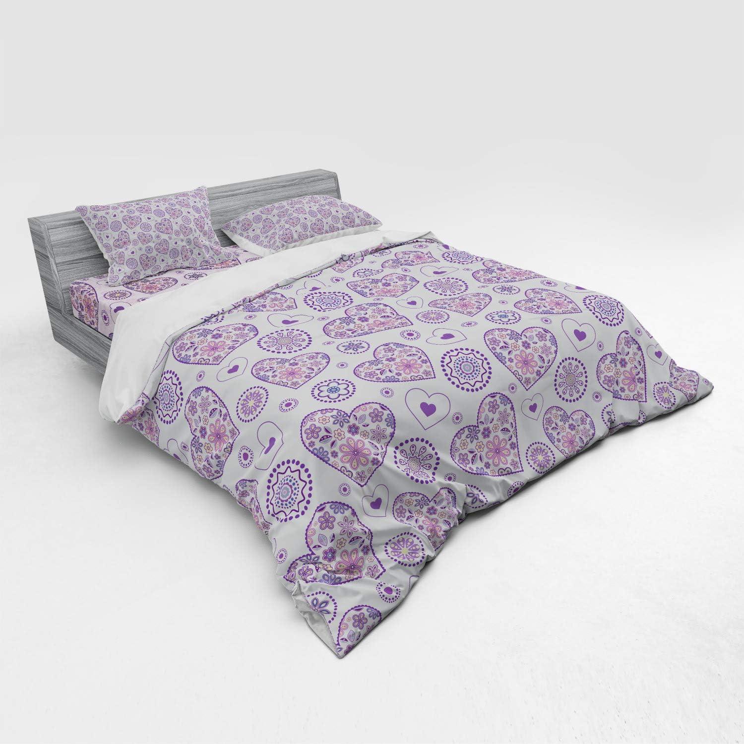 imageAmbesonne Valentines Bedding Set Heart Outlines Filled with Spring Inspired Flower Motifs 4 Piece Duvet Cover Set with Shams and Fitted Sheet California King Pale Pink Purple YellowPale Pink Purple Yellow