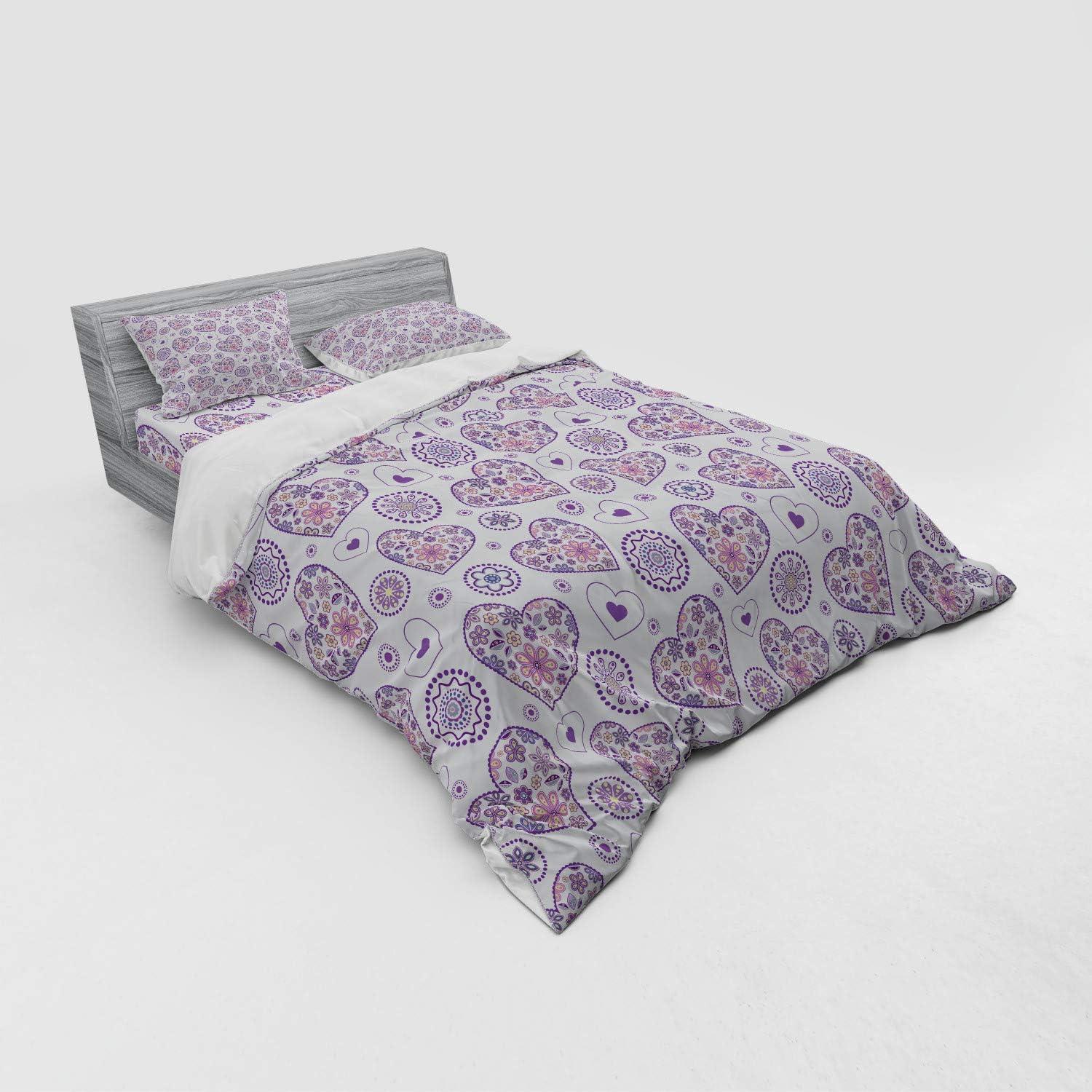 imageAmbesonne Valentines Bedding Set Heart Outlines Filled with Spring Inspired Flower Motifs 4 Piece Duvet Cover Set with Shams and Fitted Sheet California King Pale Pink Purple YellowPale Pink Purple Yellow