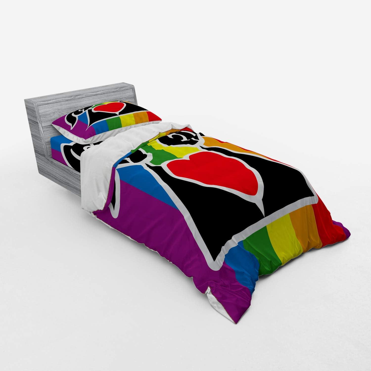 imageAmbesonne Valentines Bedding Set Love Wins Queer Gay Couple Holding a Heart Girlfriend Romantic Happy Graphic 4 Piece Duvet Cover Set with Shams and Fitted Sheet California King MulticolorMulticolor