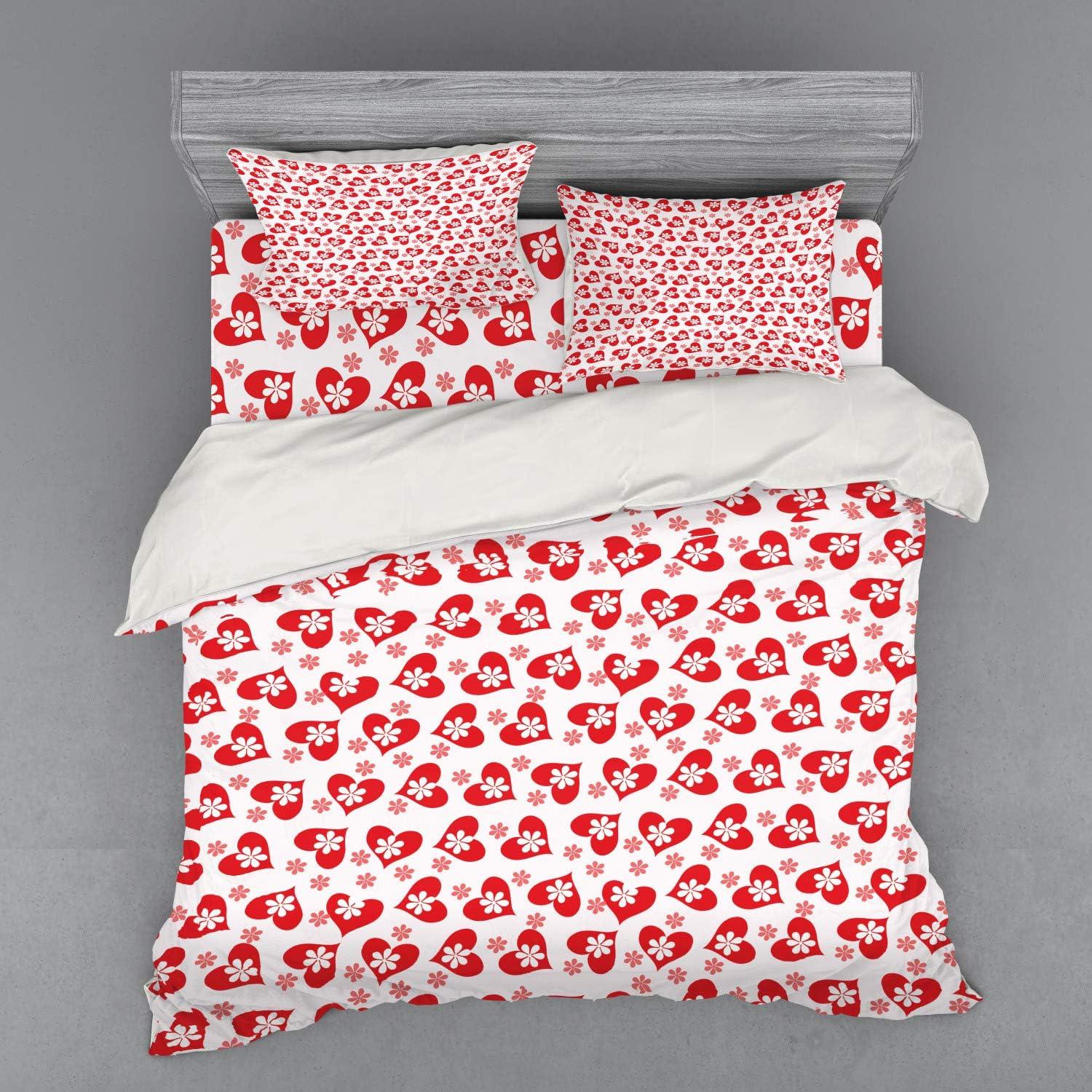 imageAmbesonne Valentines Bedding Set Romantic Feelings Illustration with Hearts and Flowers Valentines Day 3 Piece Duvet Cover Set with Sham and Fitted Sheet Twin XL Size Dark Coral WhiteDark Coral White