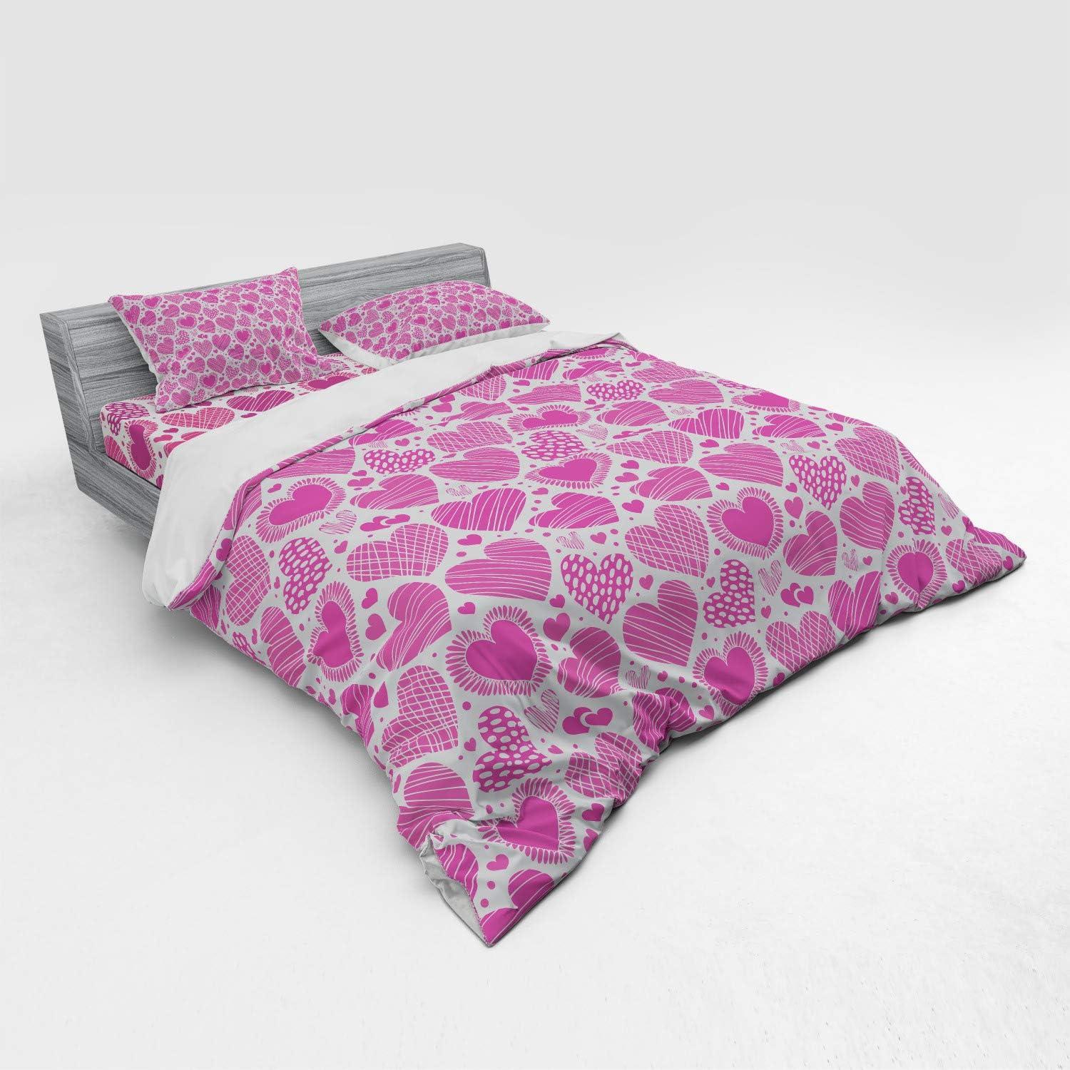 imageAmbesonne Valentines Bedding Set Romantic Heart Shapes with Many Different Designs Polka Dots Crossed Lines 4 Piece Duvet Cover Set with Shams and Fitted Sheet California King Hot Pink WhiteHot Pink White