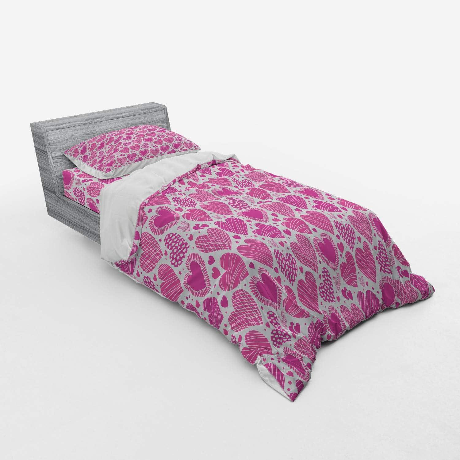 imageAmbesonne Valentines Bedding Set Romantic Heart Shapes with Many Different Designs Polka Dots Crossed Lines 4 Piece Duvet Cover Set with Shams and Fitted Sheet California King Hot Pink WhiteHot Pink White
