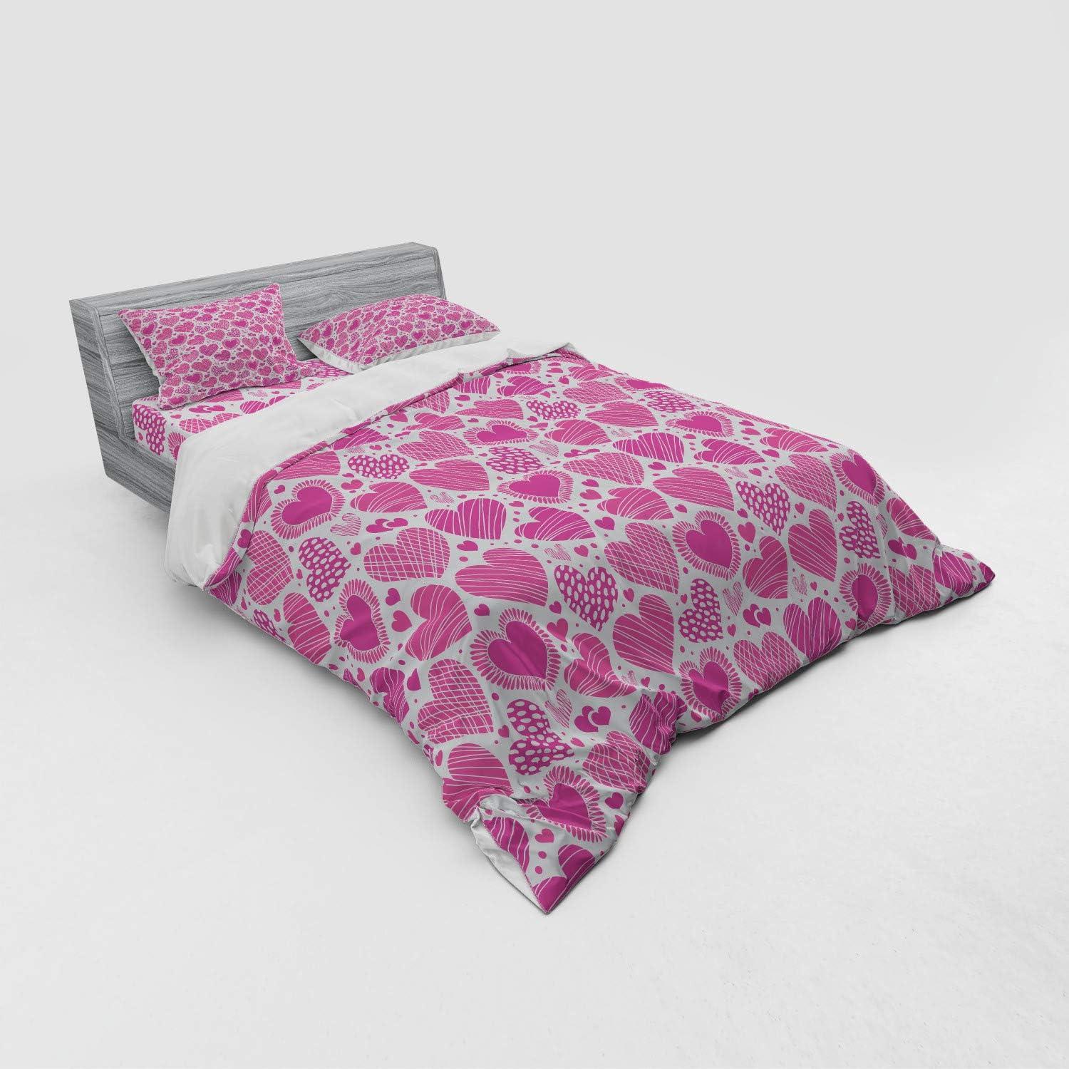 imageAmbesonne Valentines Bedding Set Romantic Heart Shapes with Many Different Designs Polka Dots Crossed Lines 4 Piece Duvet Cover Set with Shams and Fitted Sheet California King Hot Pink WhiteHot Pink White