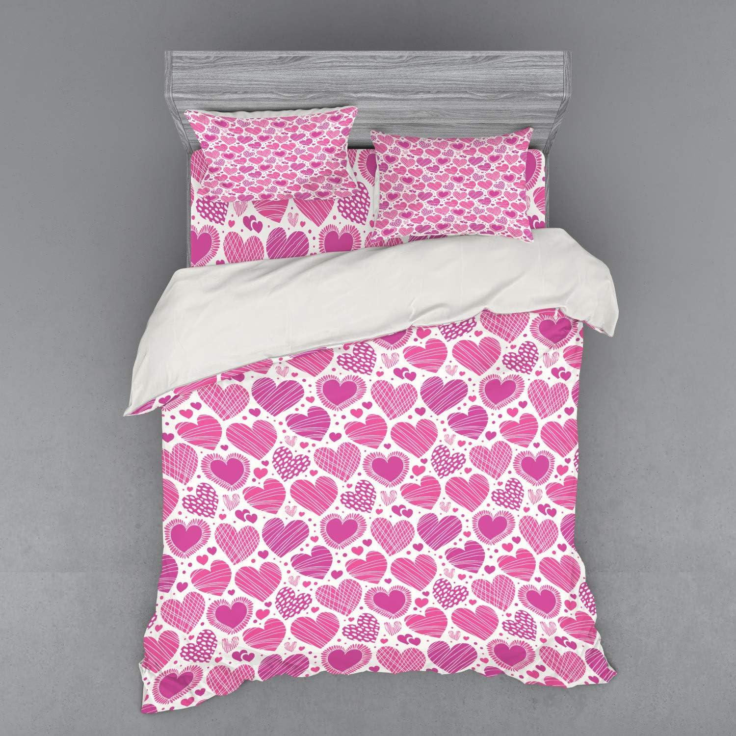imageAmbesonne Valentines Bedding Set Romantic Heart Shapes with Many Different Designs Polka Dots Crossed Lines 4 Piece Duvet Cover Set with Shams and Fitted Sheet California King Hot Pink WhiteHot Pink White
