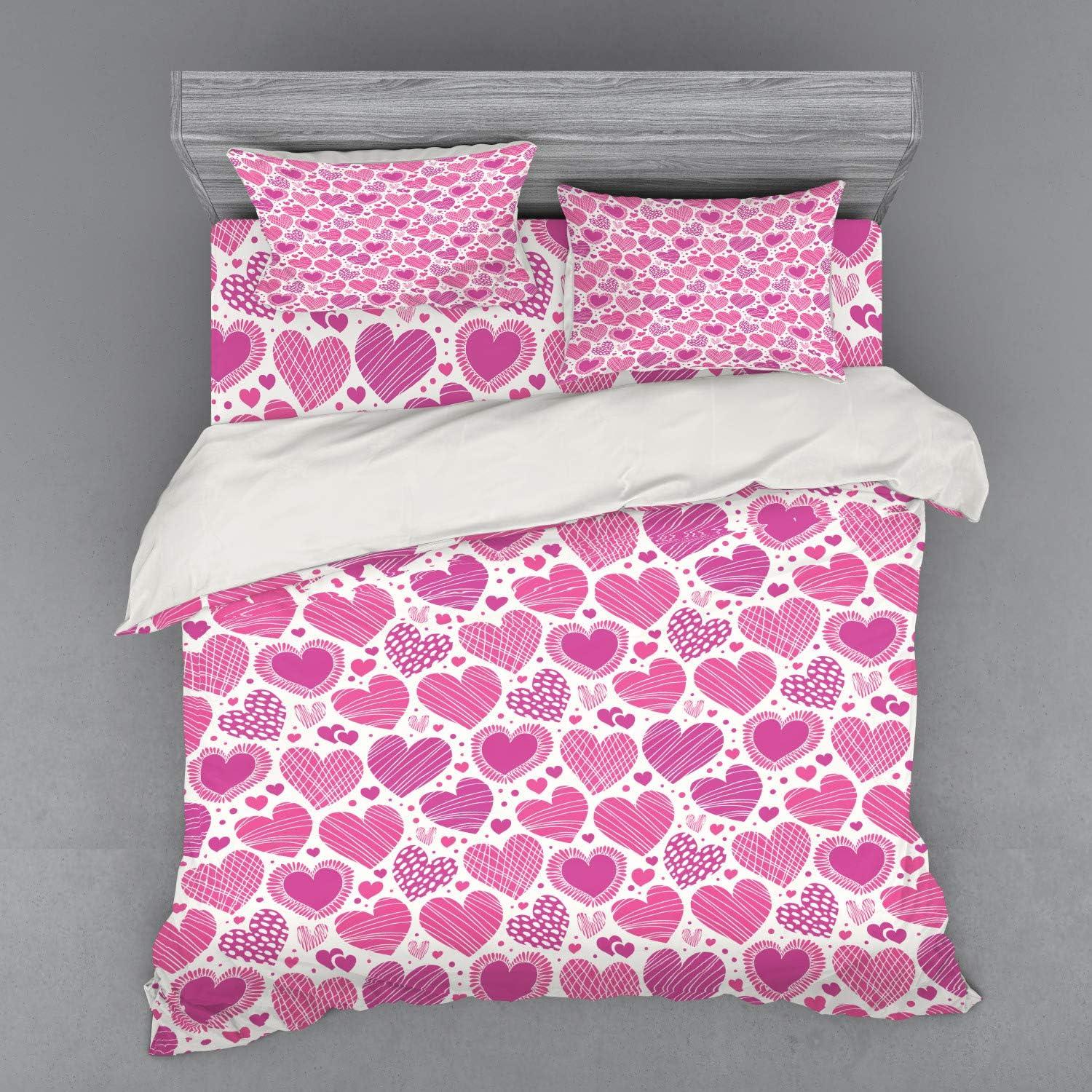 imageAmbesonne Valentines Bedding Set Romantic Heart Shapes with Many Different Designs Polka Dots Crossed Lines 4 Piece Duvet Cover Set with Shams and Fitted Sheet California King Hot Pink WhiteHot Pink White