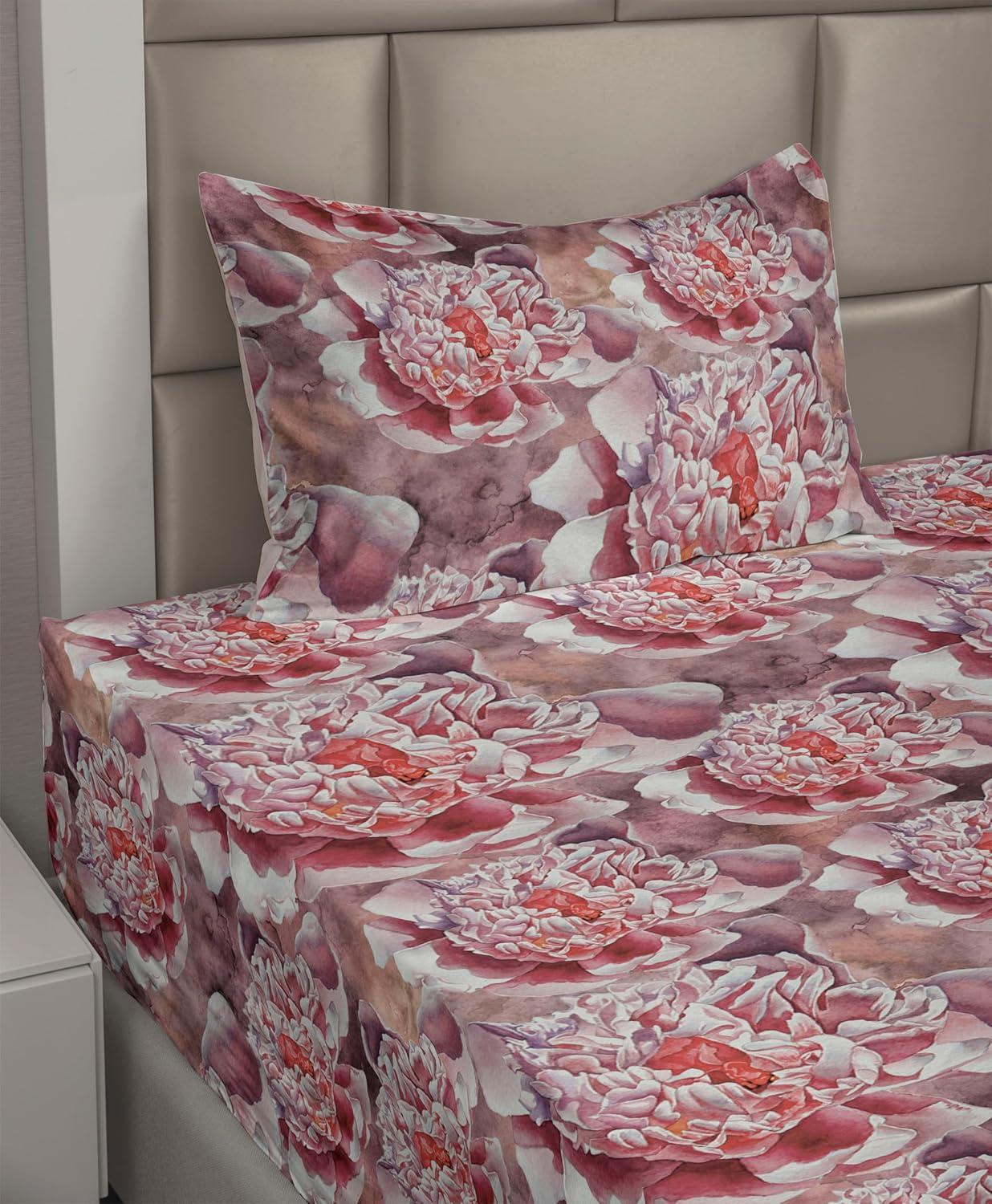 imageAmbesonne Valentines Day Sheet Set Simple Grunge Design Line Hearts Pattern on Striped Backdrop Fitted and Flat Sheet with Pillowcases Bedding Accent 4 Piece Set Calking Dark Coral Coral DimgrayDried Rose and Dark Coral