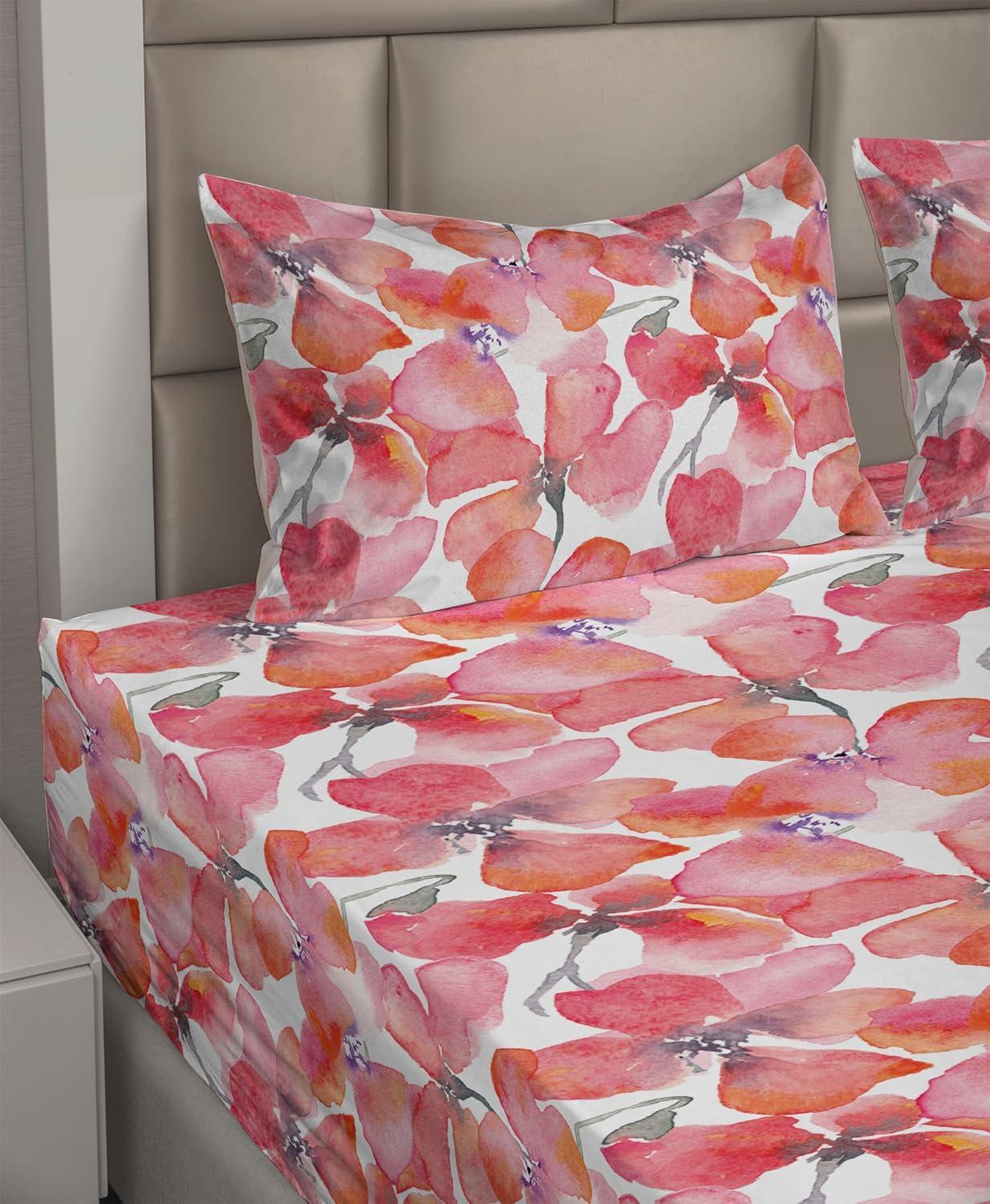 imageAmbesonne Valentines Day Sheet Set Simple Grunge Design Line Hearts Pattern on Striped Backdrop Fitted and Flat Sheet with Pillowcases Bedding Accent 4 Piece Set Calking Dark Coral Coral DimgrayDark Coral Pale Pink