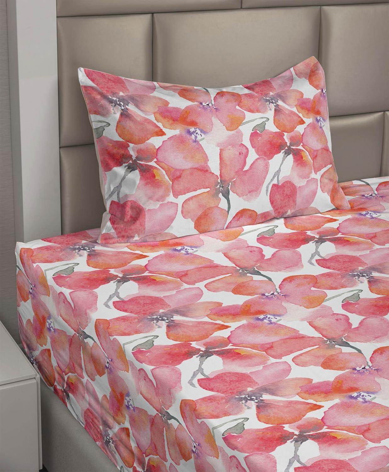 imageAmbesonne Valentines Day Sheet Set Simple Grunge Design Line Hearts Pattern on Striped Backdrop Fitted and Flat Sheet with Pillowcases Bedding Accent 4 Piece Set Calking Dark Coral Coral DimgrayDark Coral Pale Pink