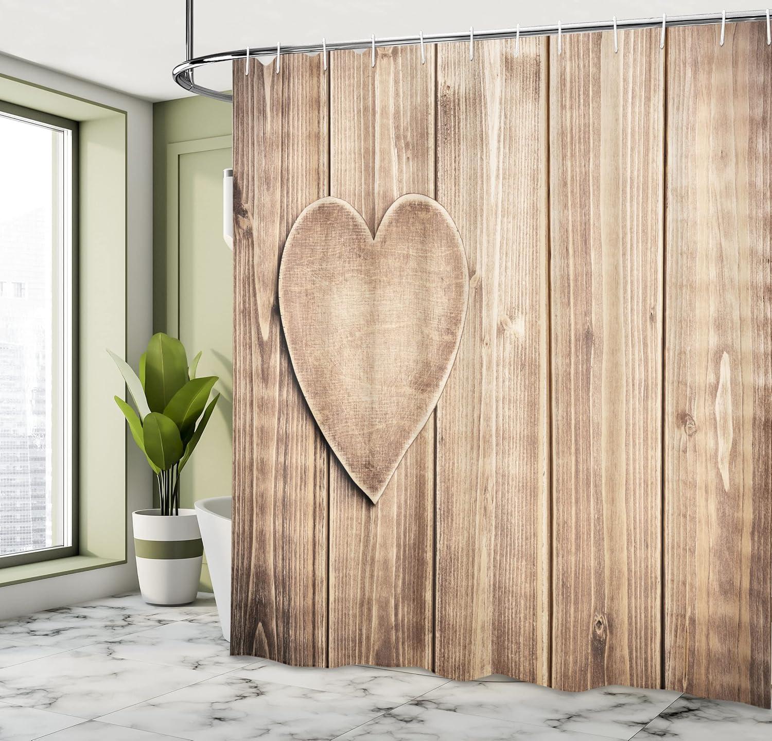 imageAmbesonne Valentines Day Shower Curtain Rustic Heart Over Wooden Planks Background Lovers Corner Romantic Celebration Print Cloth Fabric Bathroom Decor Set with Hooks 69 W x 70 L Tan
