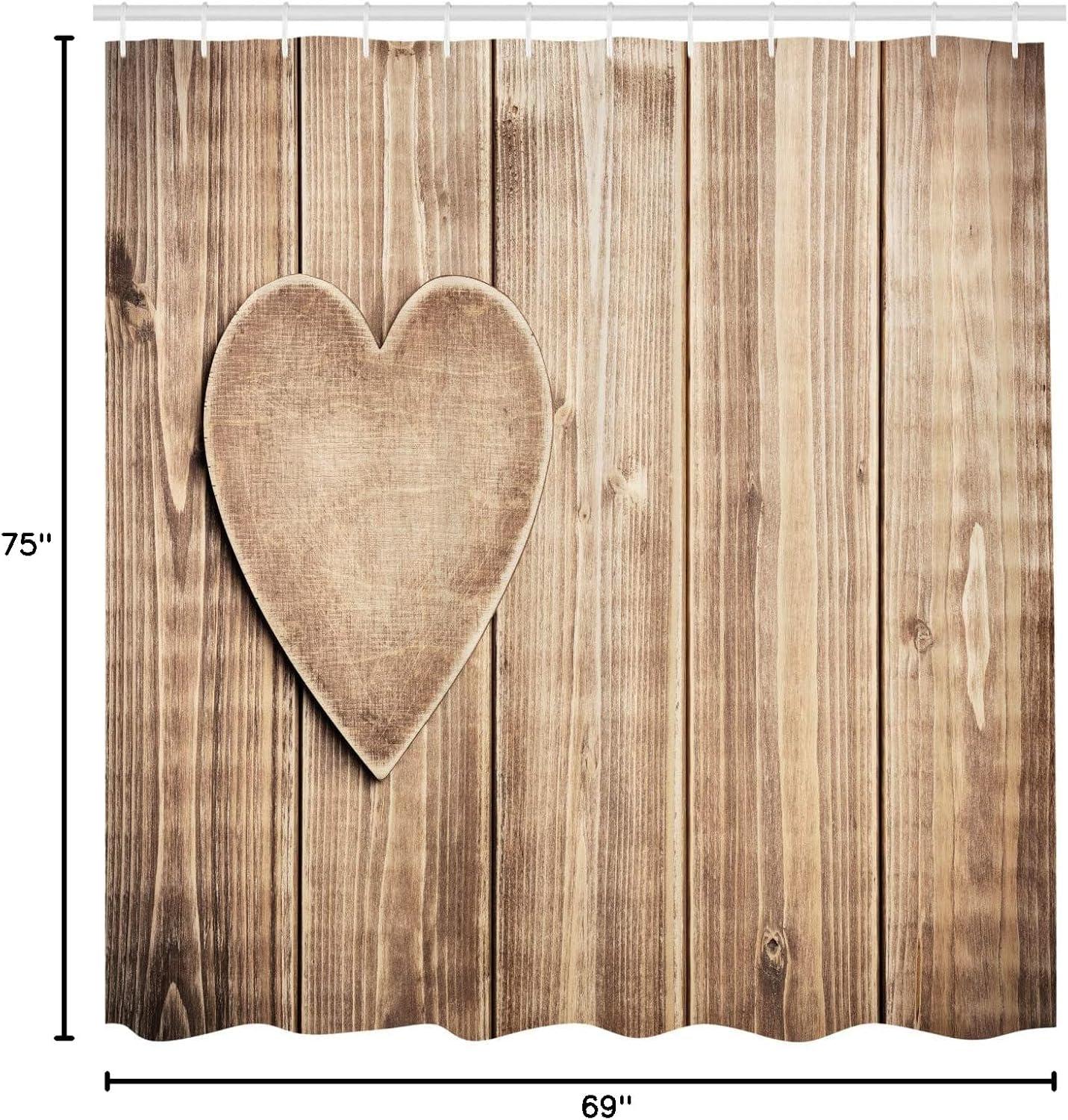 imageAmbesonne Valentines Day Shower Curtain Rustic Heart Over Wooden Planks Background Lovers Corner Romantic Celebration Print Cloth Fabric Bathroom Decor Set with Hooks 69 W x 75 L Tan