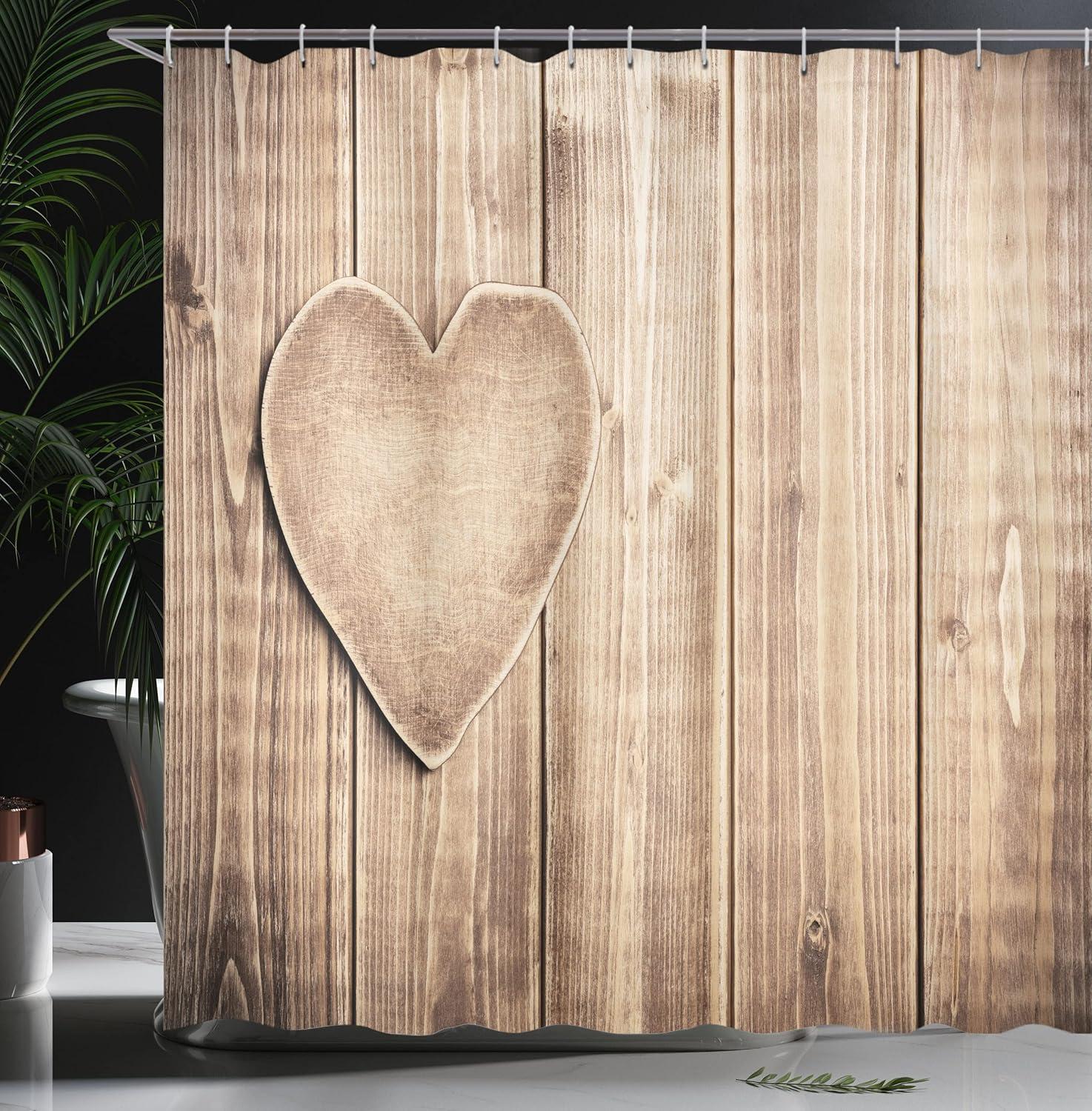 imageAmbesonne Valentines Day Shower Curtain Rustic Heart Over Wooden Planks Background Lovers Corner Romantic Celebration Print Cloth Fabric Bathroom Decor Set with Hooks 69 W x 75 L Tan