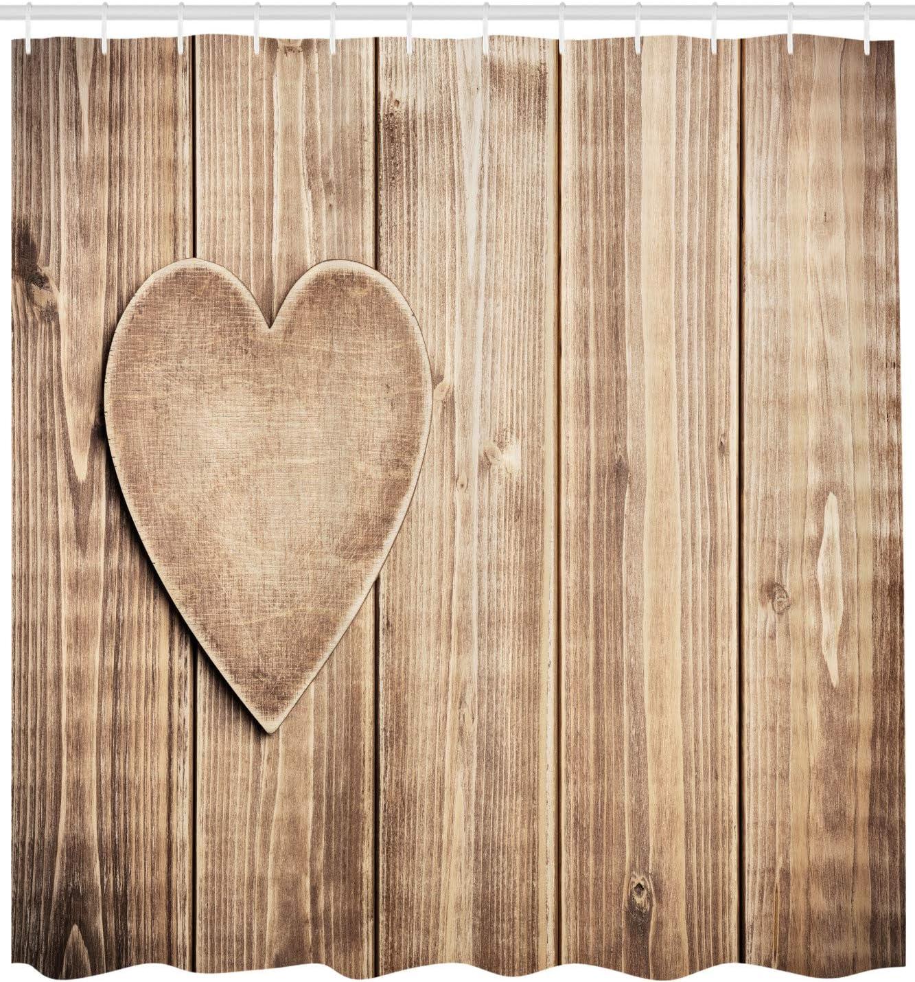 imageAmbesonne Valentines Day Shower Curtain Rustic Heart Over Wooden Planks Background Lovers Corner Romantic Celebration Print Cloth Fabric Bathroom Decor Set with Hooks 69 W x 70 L Tan
