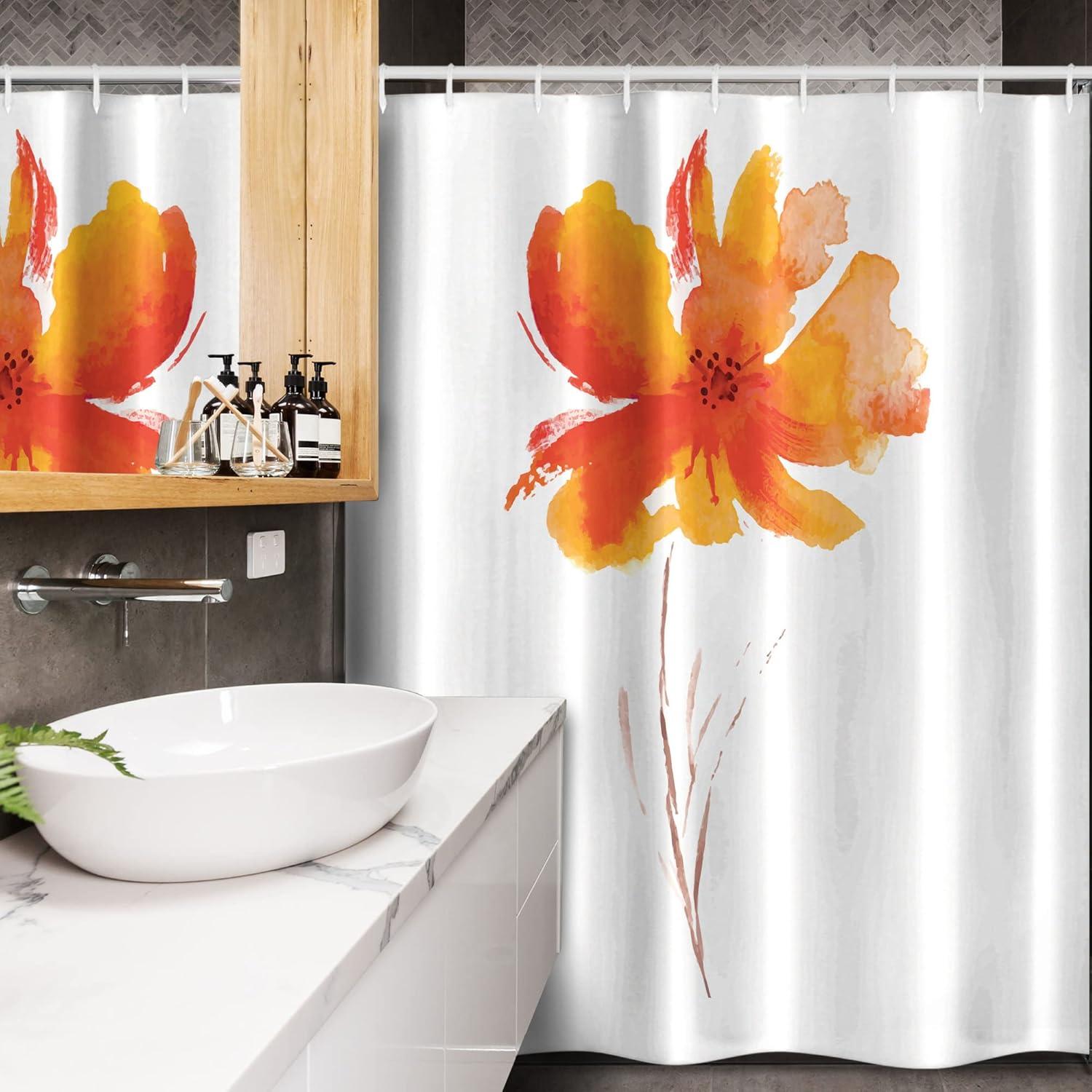 imageAmbesonne Watercolor Flower Stall Shower Curtain Single Poppy Flower on Plain Clear Background Nature Inspired Romantic Fabric Bathroom Decor Set with Hooks 54 W x 78 L White Orange