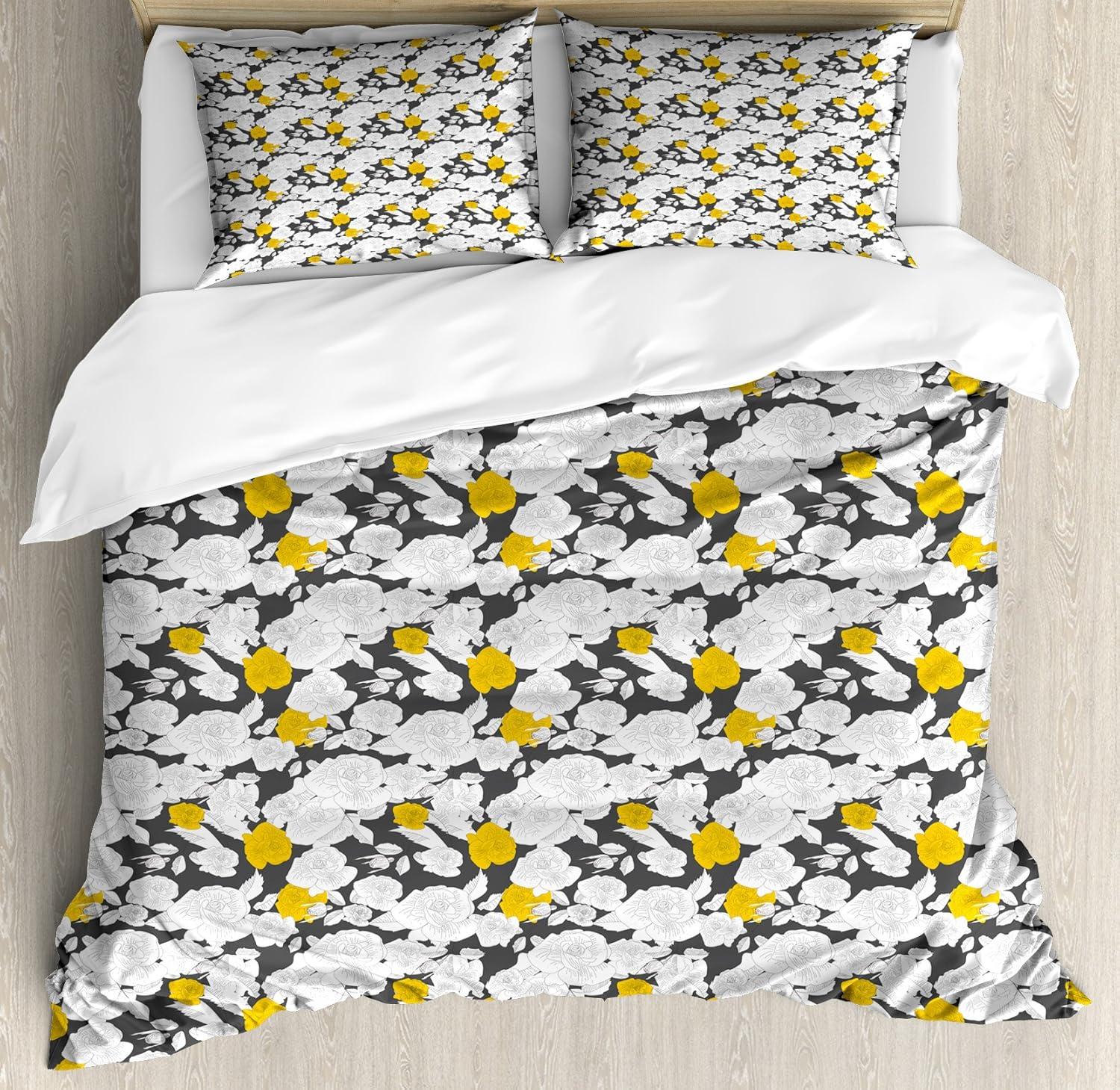 imageAmbesonne Watercolor Flowers Duvet Cover Sets Classical Feminine Rose Branch Bouquet Romantic Essence Valentines Bedding Set with 2 Duvet Covers amp 2 Pillowcases 2 Pack Twin Size Violet BlueCharcoal Grey Yellow