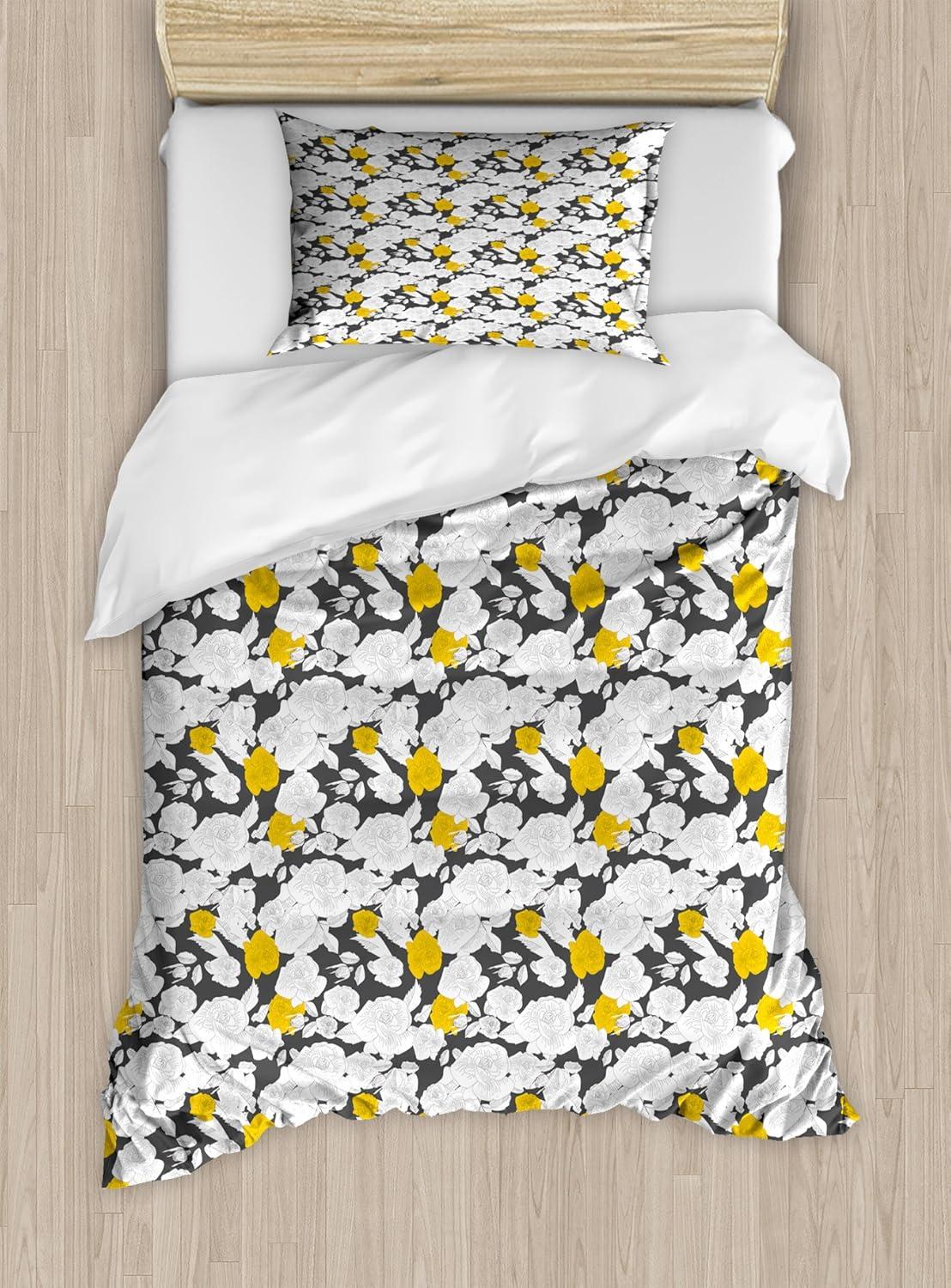 imageAmbesonne Watercolor Flowers Duvet Cover Sets Classical Feminine Rose Branch Bouquet Romantic Essence Valentines Bedding Set with 2 Duvet Covers amp 2 Pillowcases 2 Pack Twin Size Violet BlueCharcoal Grey Yellow