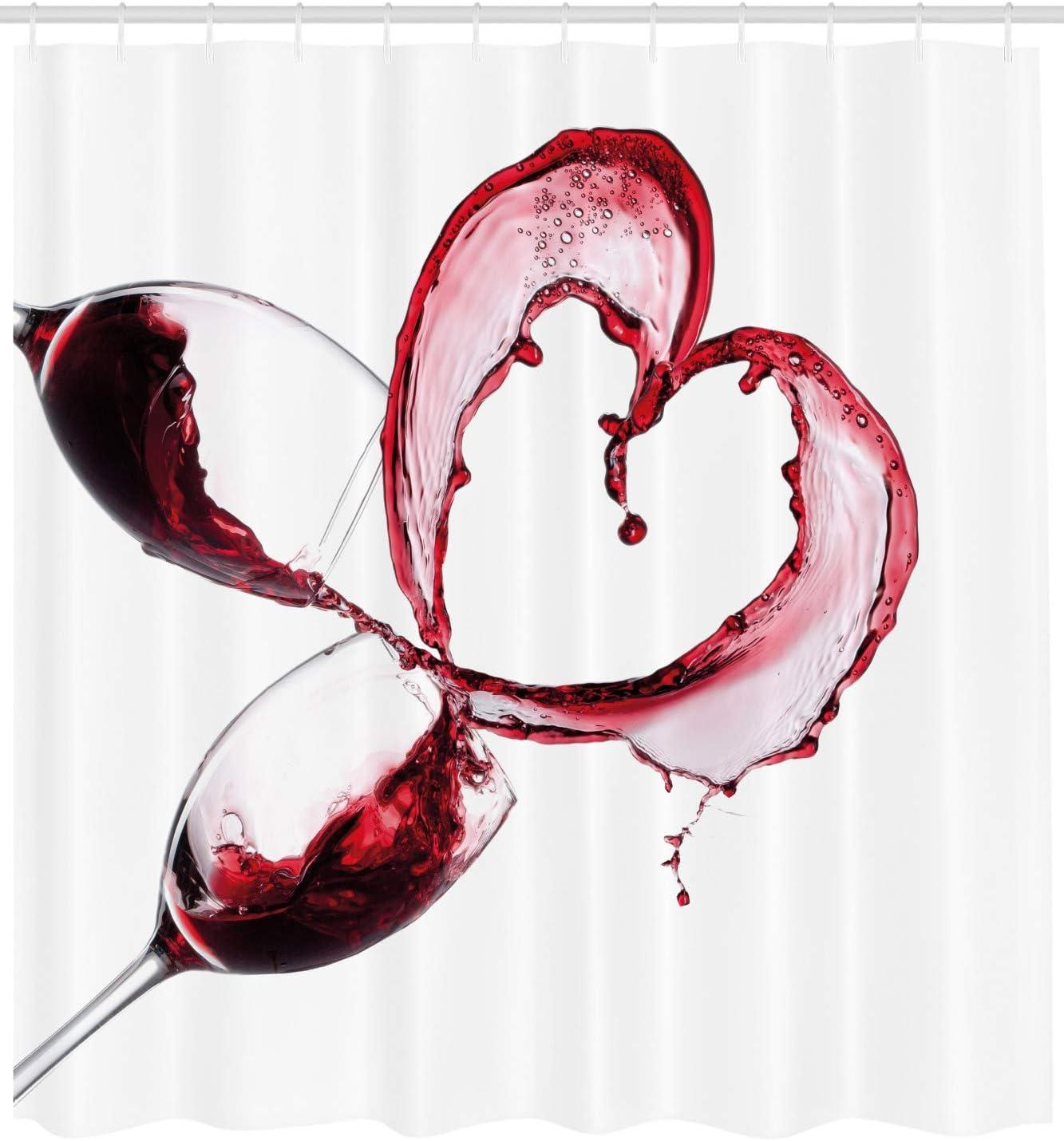 imageAmbesonne Wine Shower Curtain Heart Shape Spilling Red Drink in Glasses Romantic Valentines Day Concept Cloth Fabric Bathroom Decor Set with Hooks 69 W x 75 L Burgundy White Pink