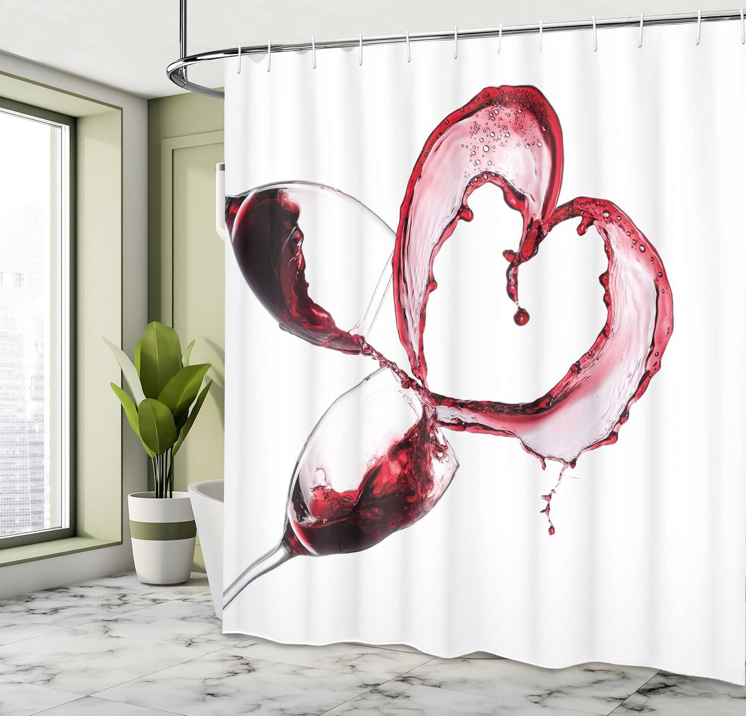 imageAmbesonne Wine Shower Curtain Heart Shape Spilling Red Drink in Glasses Romantic Valentines Day Concept Cloth Fabric Bathroom Decor Set with Hooks 69 W x 75 L Burgundy White Pink