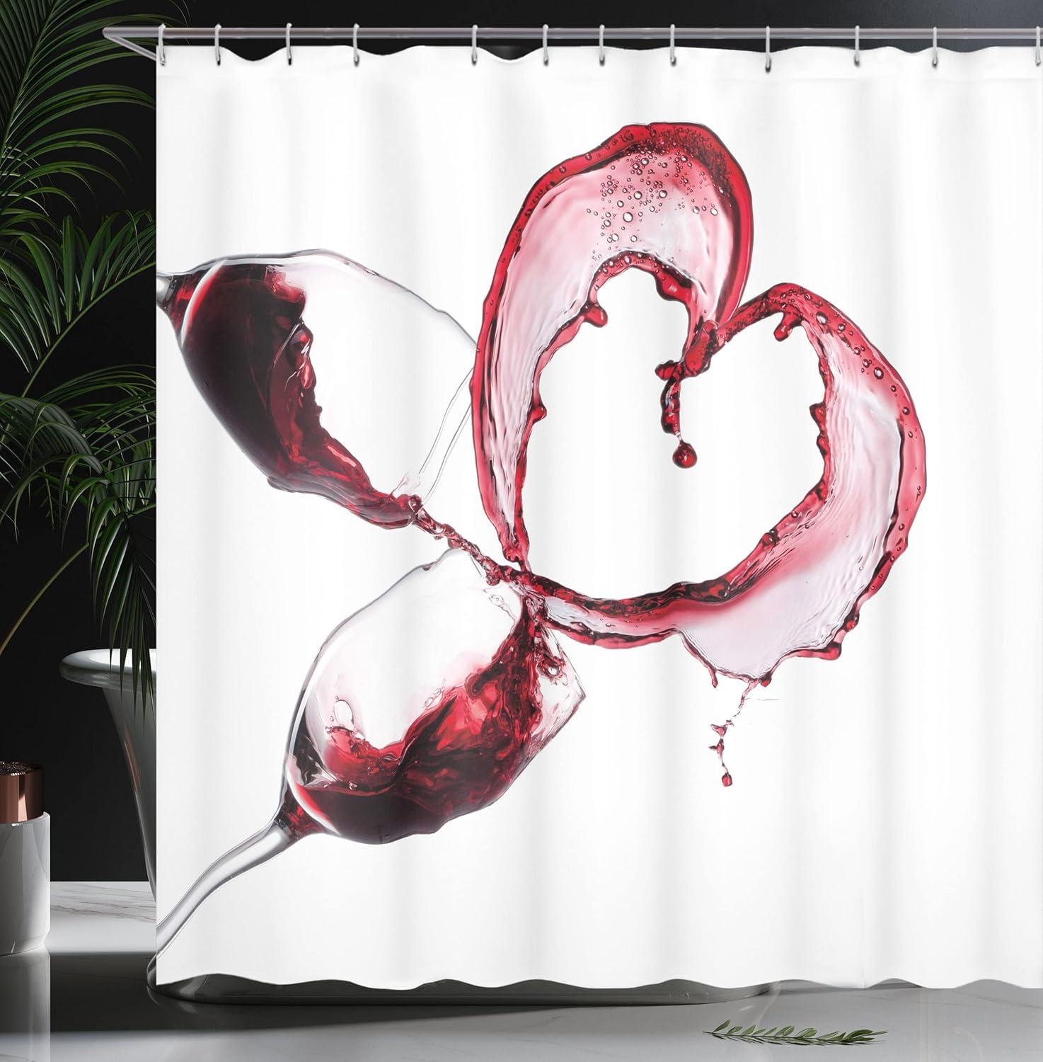imageAmbesonne Wine Shower Curtain Heart Shape Spilling Red Drink in Glasses Romantic Valentines Day Concept Cloth Fabric Bathroom Decor Set with Hooks 69 W x 75 L Burgundy White Pink