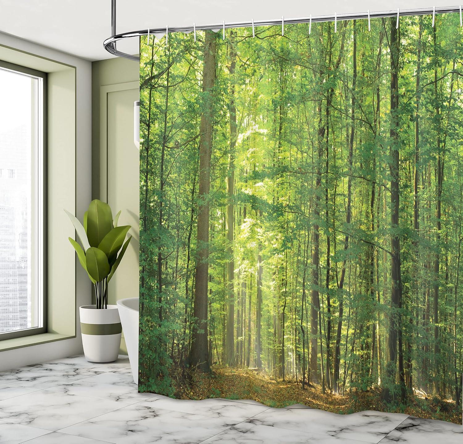 imageAmbesonne Woodland Shower Curtain Deciduous Forest Trees in Summertime Foliage Sun Rays Romantic Holidays Scenic Image Cloth Fabric Bathroom Decor Set with Hooks 69 W x 84 L Bamboo Green
