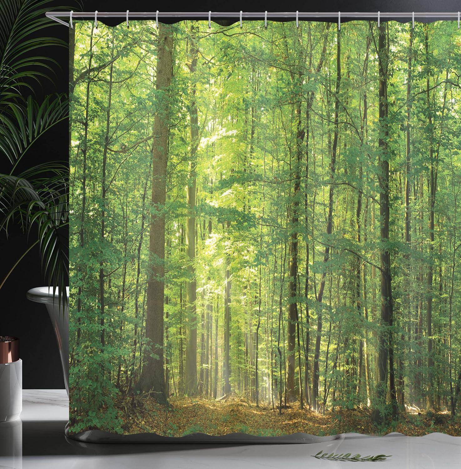 imageAmbesonne Woodland Shower Curtain Deciduous Forest Trees in Summertime Foliage Sun Rays Romantic Holidays Scenic Image Cloth Fabric Bathroom Decor Set with Hooks 69 W x 84 L Bamboo Green