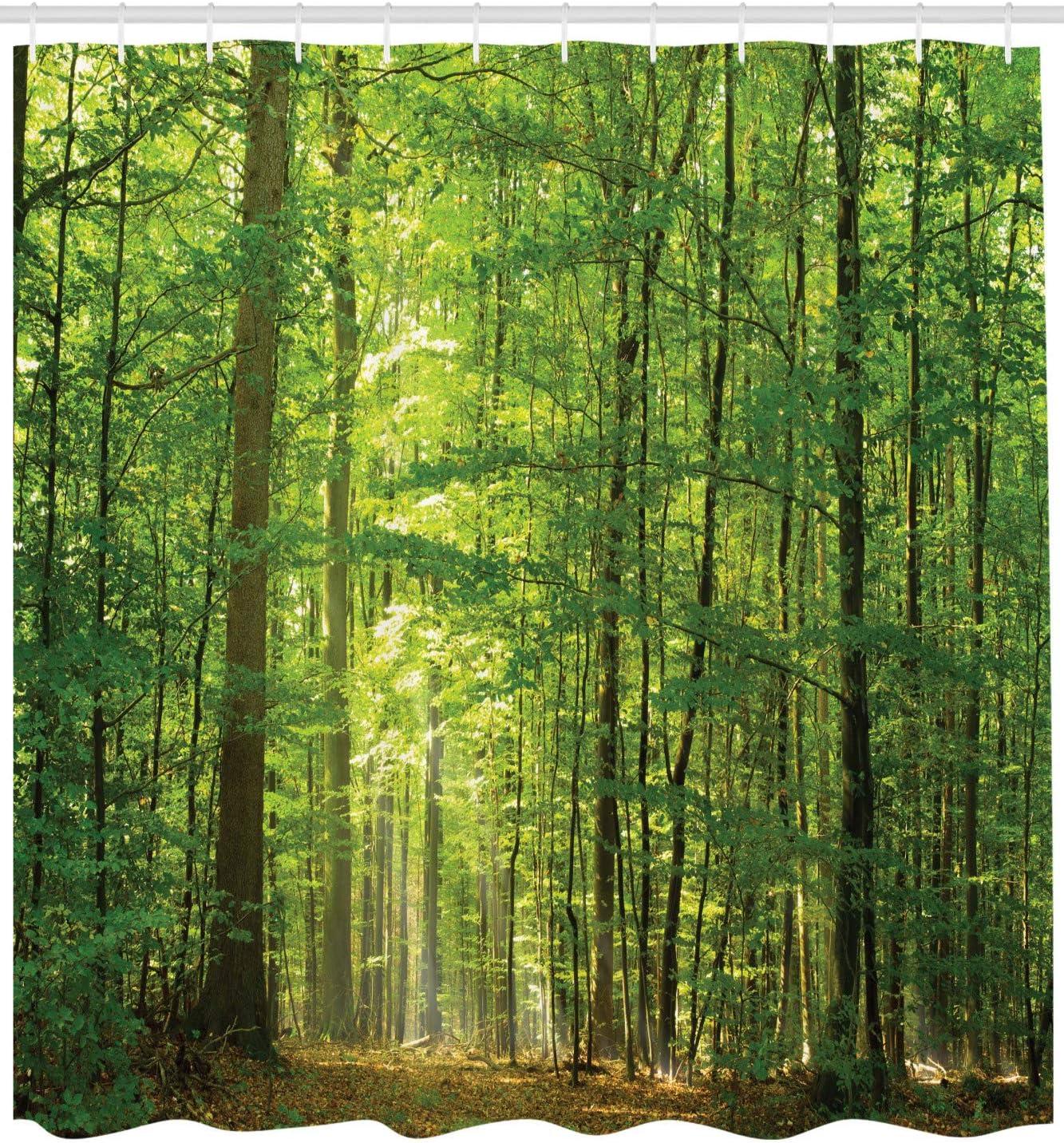 imageAmbesonne Woodland Shower Curtain Deciduous Forest Trees in Summertime Foliage Sun Rays Romantic Holidays Scenic Image Cloth Fabric Bathroom Decor Set with Hooks 69 W x 84 L Bamboo Green