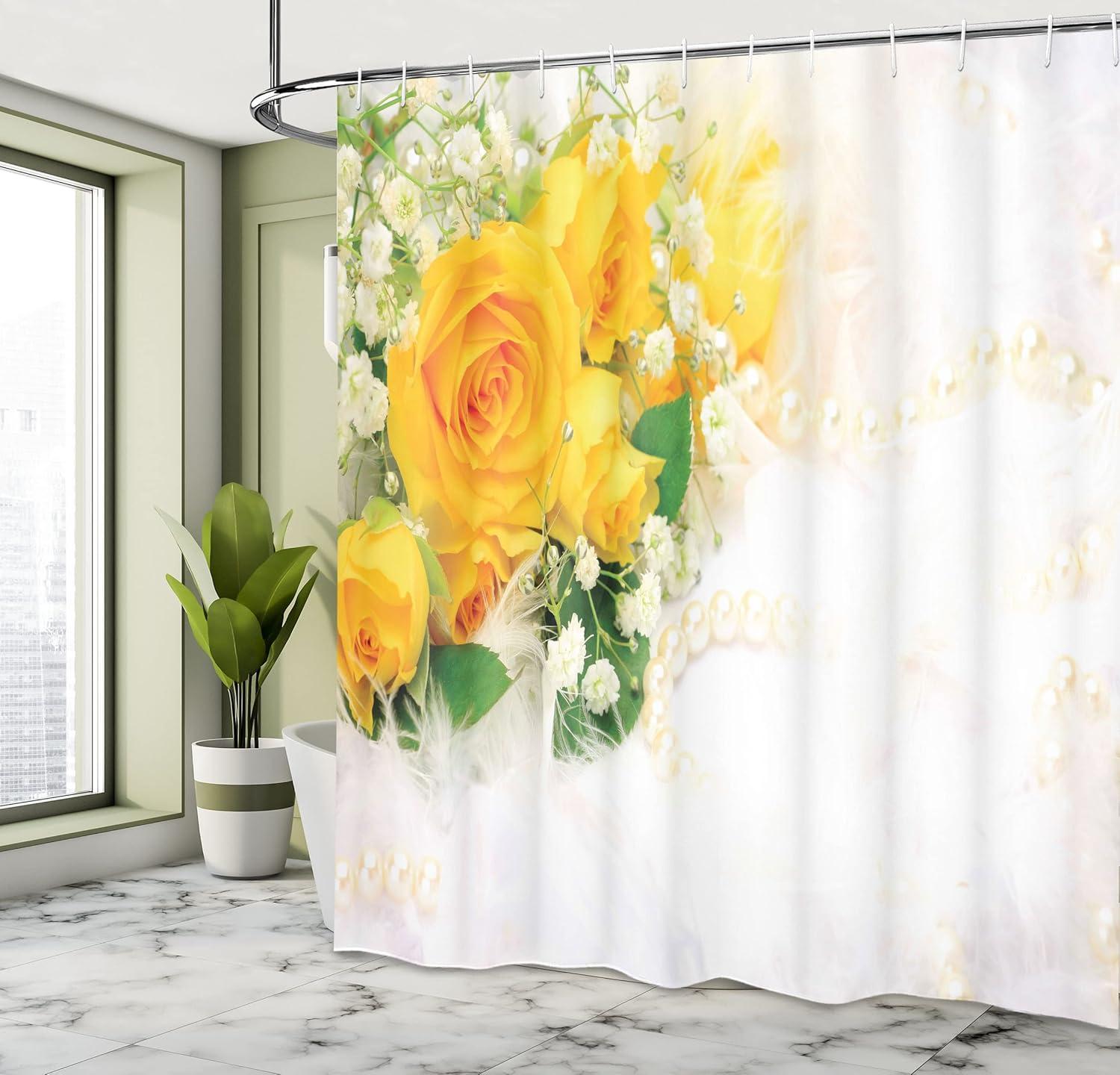 imageAmbesonne Yellow Shower Curtain Bouquet of Romantic and Colorful Roses on a White Background Adoration Cloth Fabric Bathroom Decor Set with Hooks 69 W x 70 L Yellow Pearl Fern Green
