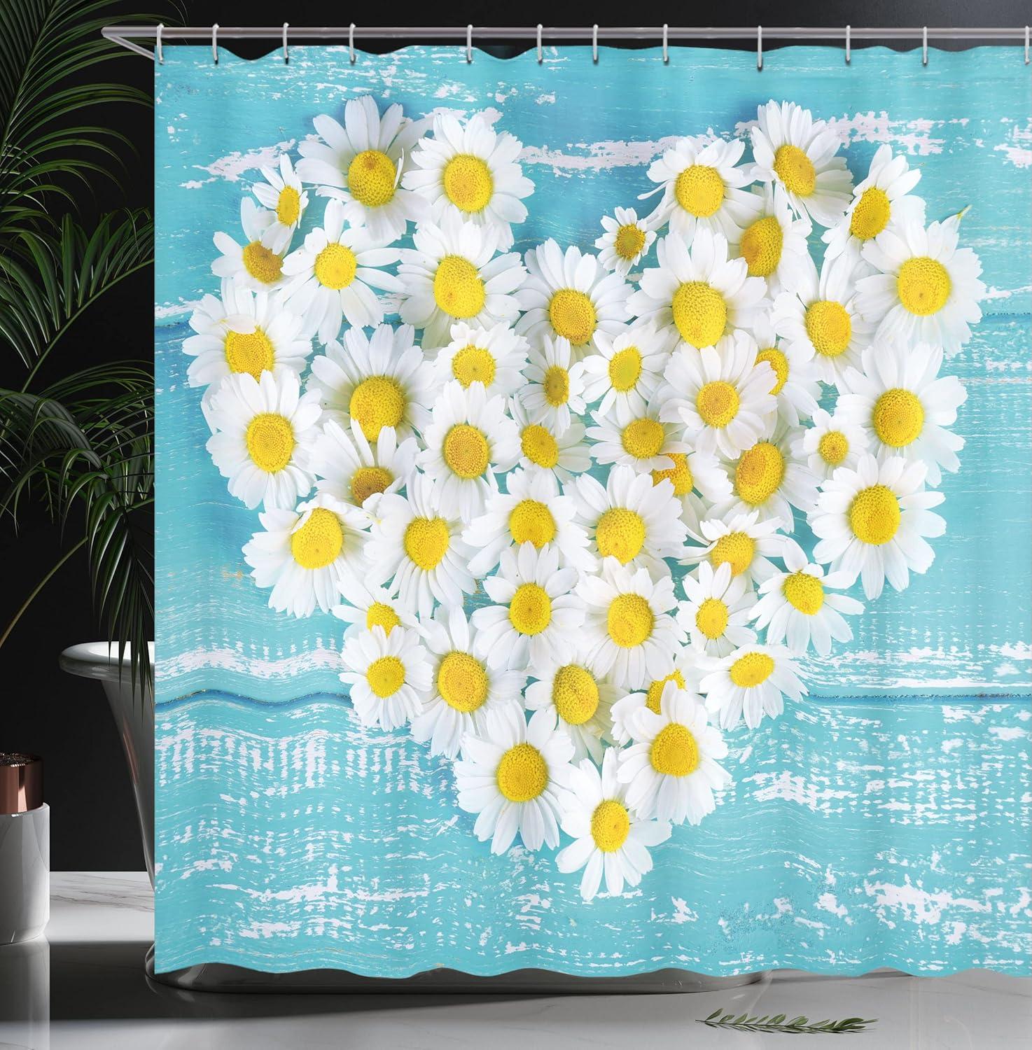 imageAmbesonne Yellow and Blue Shower Curtain Heart Shaped Daisy Flowers Romantic Lovers Chamomile Blossoms Print Cloth Fabric Bathroom Decor Set with Hooks 69 W x 75 L Sky Blue White