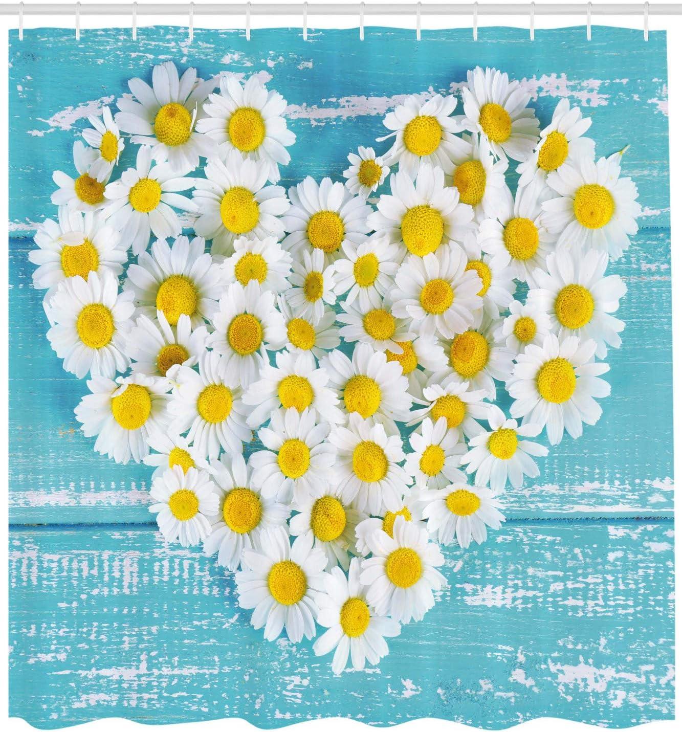 imageAmbesonne Yellow and Blue Shower Curtain Heart Shaped Daisy Flowers Romantic Lovers Chamomile Blossoms Print Cloth Fabric Bathroom Decor Set with Hooks 69 W x 75 L Sky Blue White
