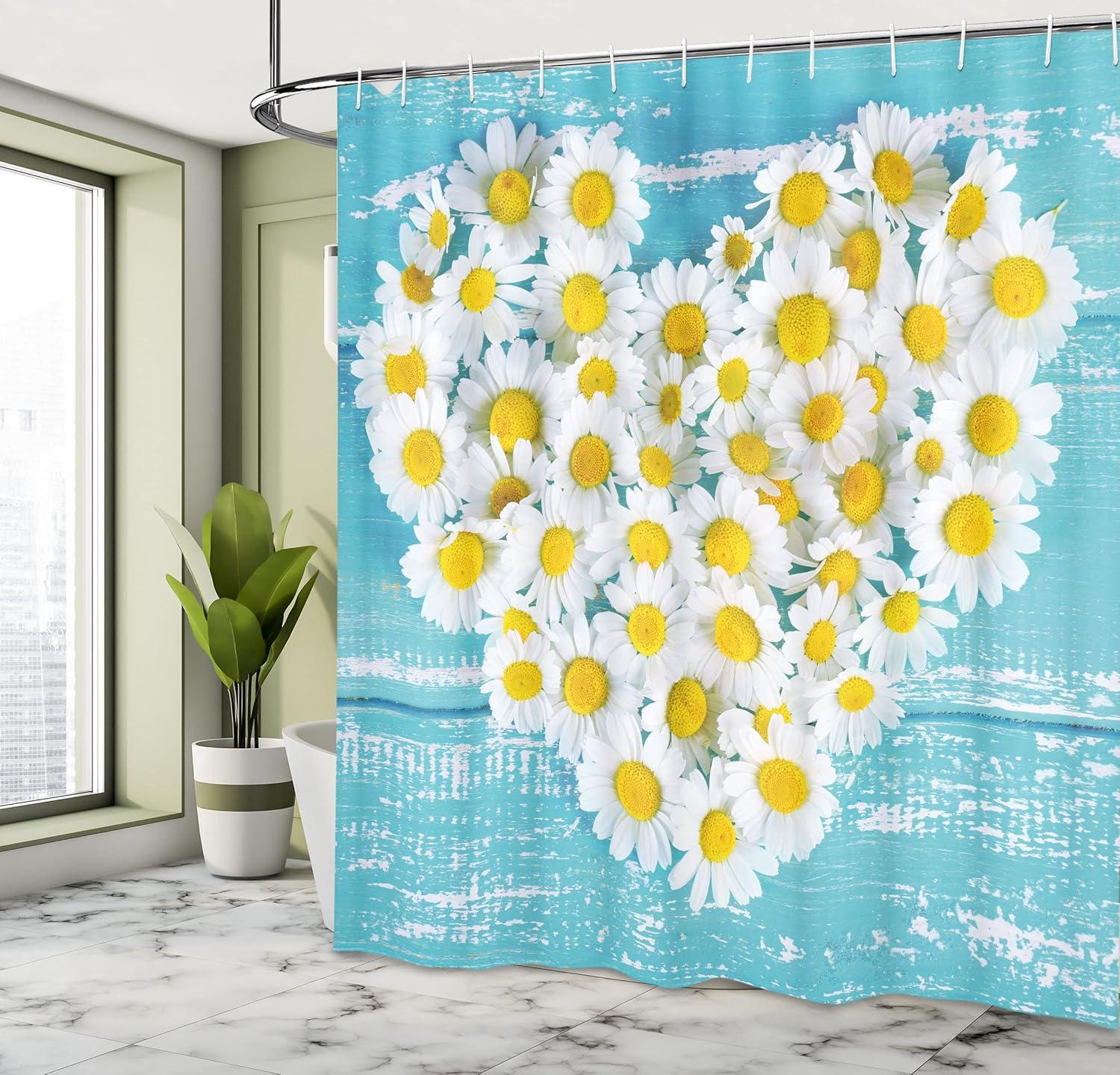 imageAmbesonne Yellow and Blue Shower Curtain Heart Shaped Daisy Flowers Romantic Lovers Chamomile Blossoms Print Cloth Fabric Bathroom Decor Set with Hooks 69 W x 75 L Sky Blue White
