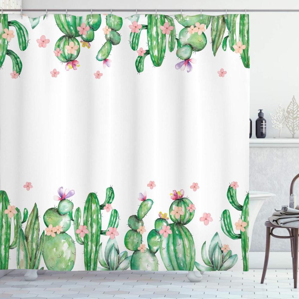 imageAmbesonne Cactus Shower Curtain Mexico Style Romantic Tender Blossoms and Barren Heath Natural Vegetation Cloth Fabric Bathroom Decor Set with Hooks 69 W x 75 L Green Coral Lavender