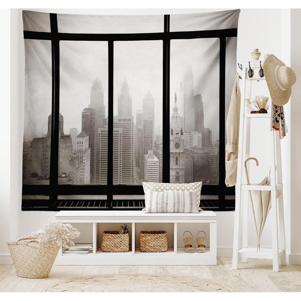 imageAmbesonne City Tapestry Philadelphia City Rooftop View Through Window Skyline Landmark Rooftop Travel Wide Wall Hanging for Bedroom Living Room Dorm 60 X 40 Grey Black
