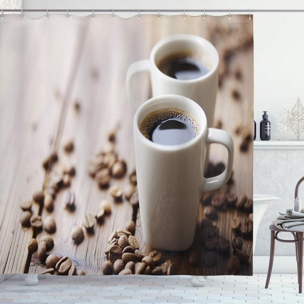 imageAmbesonne Coffee Shower Curtain Espresso in Cups on Wooden Table with Beans Hot Drink for Romantic Couples Cloth Fabric Bathroom Decor Set with Hooks 69 W x 70 L Cocoa Brown White
