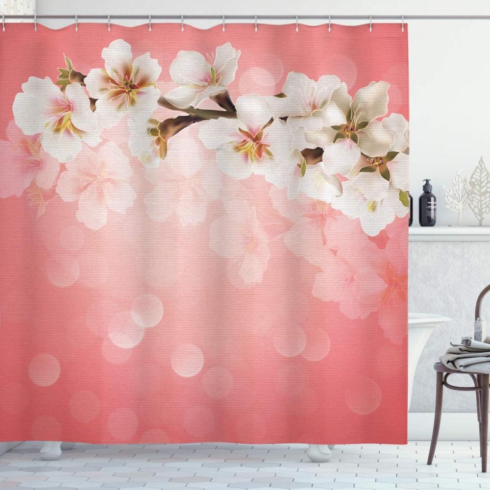 imageAmbesonne Coral Shower Curtain Blossoming Tree Branch Japanese Cherry Sakura Fresh Spring Garden Romantic Cloth Fabric Bathroom Decor Set with Hooks 69 W x 70 L Coral Green White