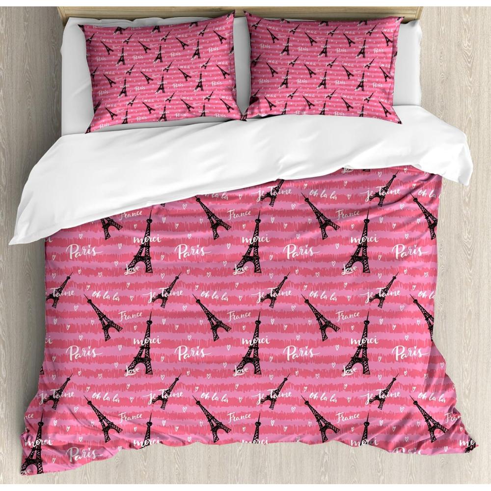 imageAmbesonne Eiffel Duvet Cover Set Valentines Day Inspired Pattern with France Paris Oh La La Texts Heart Shapes Decorative 3 Piece Bedding Set with 2 Pillow Shams Queen Size Pink White Black
