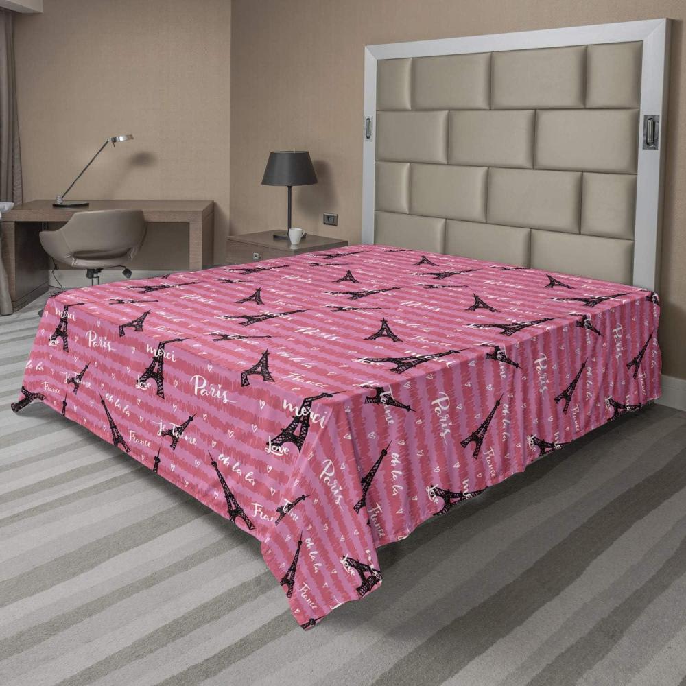imageAmbesonne Eiffel Flat Sheet Valentines Day Inspired Pattern with France Paris Oh La La Texts Heart Shapes Soft Comfortable Top Sheet Decorative Bedding 1 Piece Queen Size Pink White BlackKing