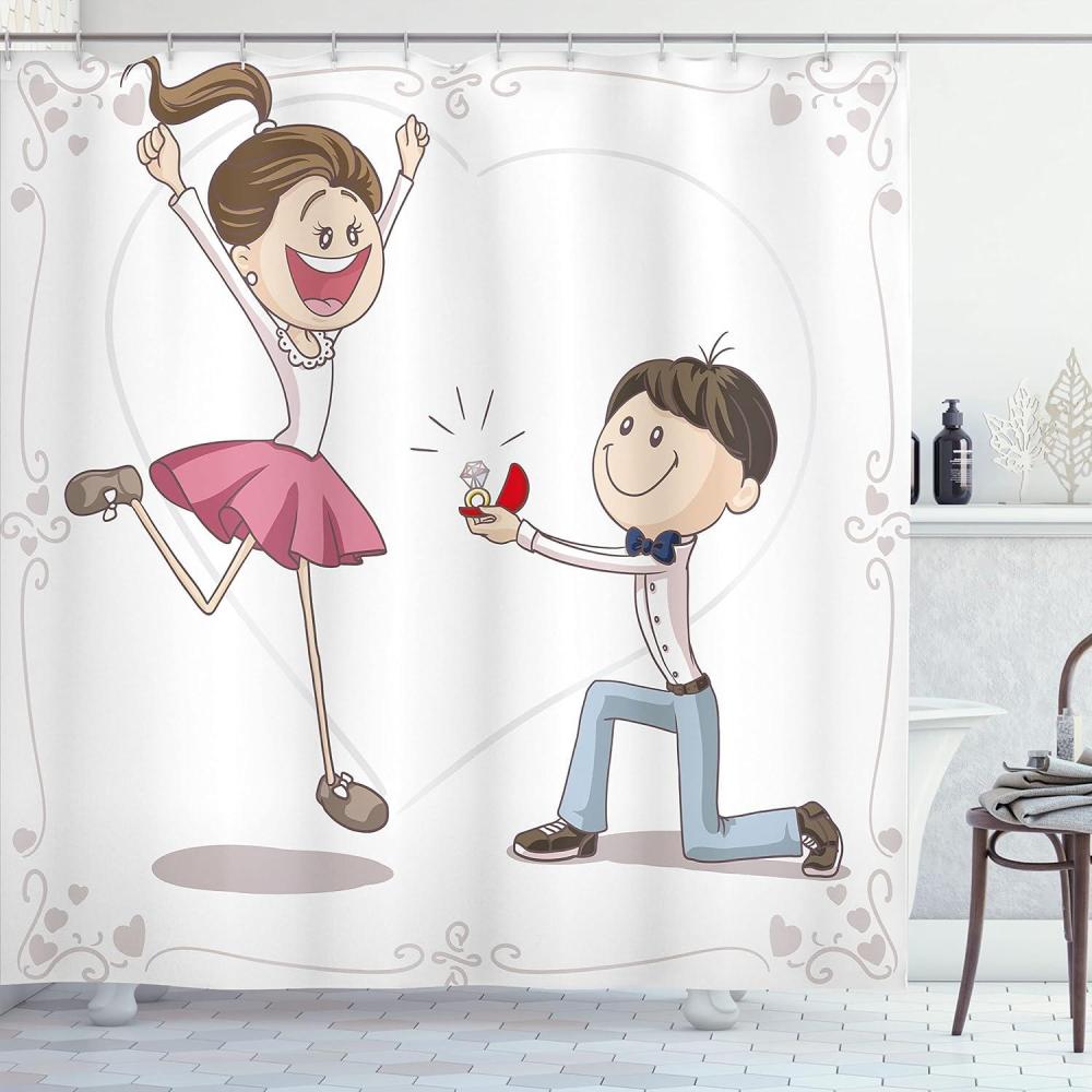 imageAmbesonne Engagement Party Shower Curtain Celebration Cartoon of Romantic Couple with Wedding Ring Cloth Fabric Bathroom Decor Set with Hooks 69 W x 70 L Pink Blue and White