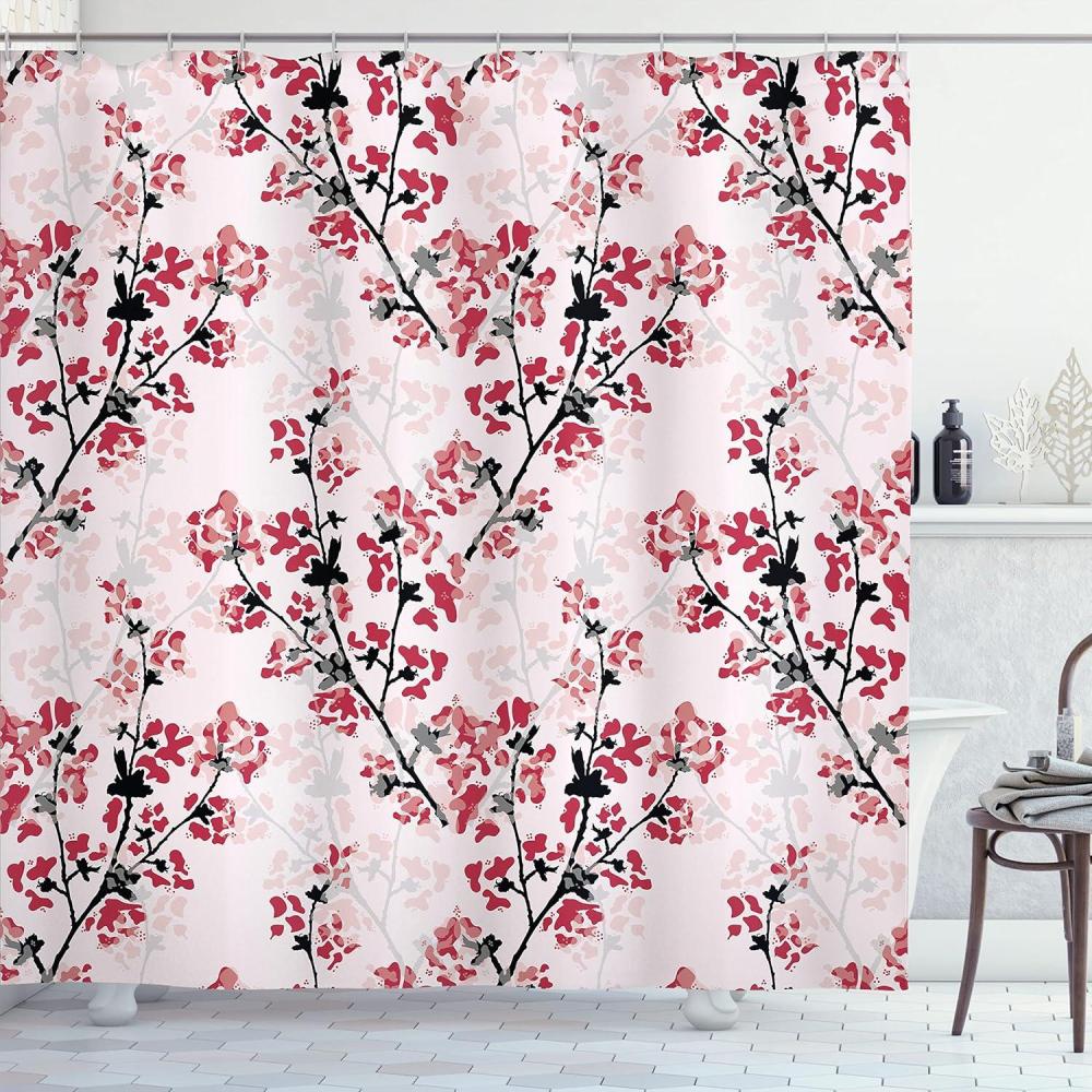 imageAmbesonne Floral Shower Curtain Nature Inspired Blush Flowers on Tree Branches Romantic Season Art Design Cloth Fabric Bathroom Decor Set with Hooks 69 W x 70 L Rose Ruby Black