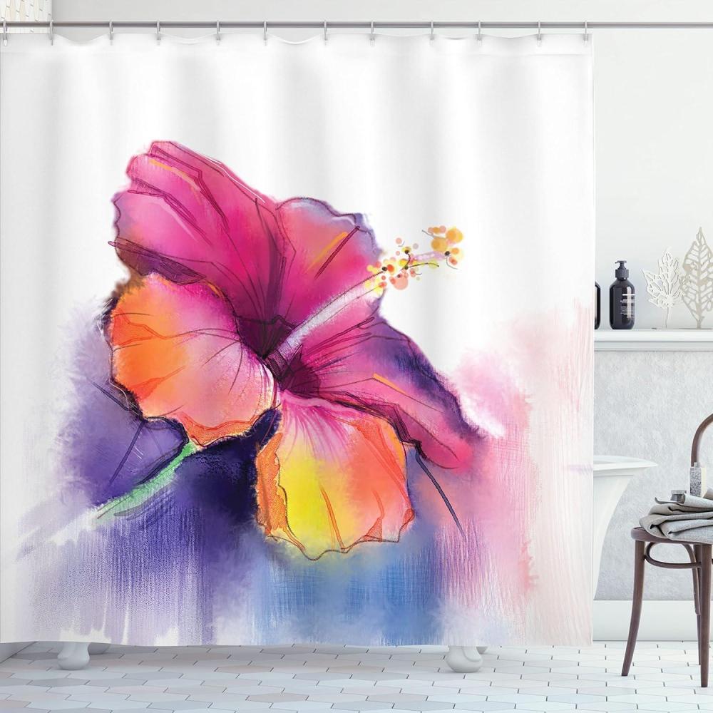 imageAmbesonne Flower Shower Curtain Hibiscus Flower in Pastel Abstract Colorful Romantic Petal Pattern Art Print Cloth Fabric Bathroom Decor Set with Hooks 69 W x 75 L Pink Tones