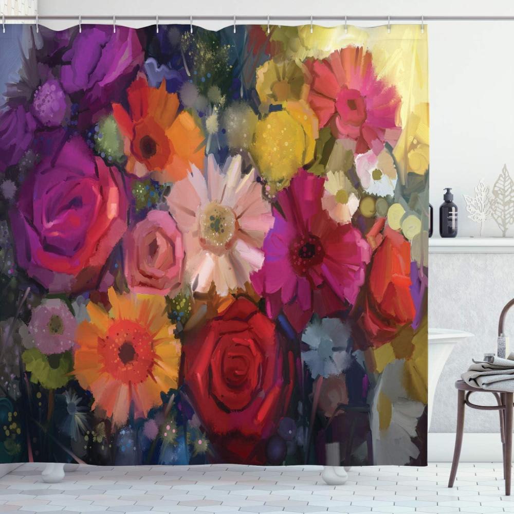 imageAmbesonne Gerbera Shower Curtain Still Life Art Concept Paintbrush Blossoms Colorful Design Romantic Feminine Cloth Fabric Bathroom Decor Set with Hooks 69 W x 75 L Magenta Red