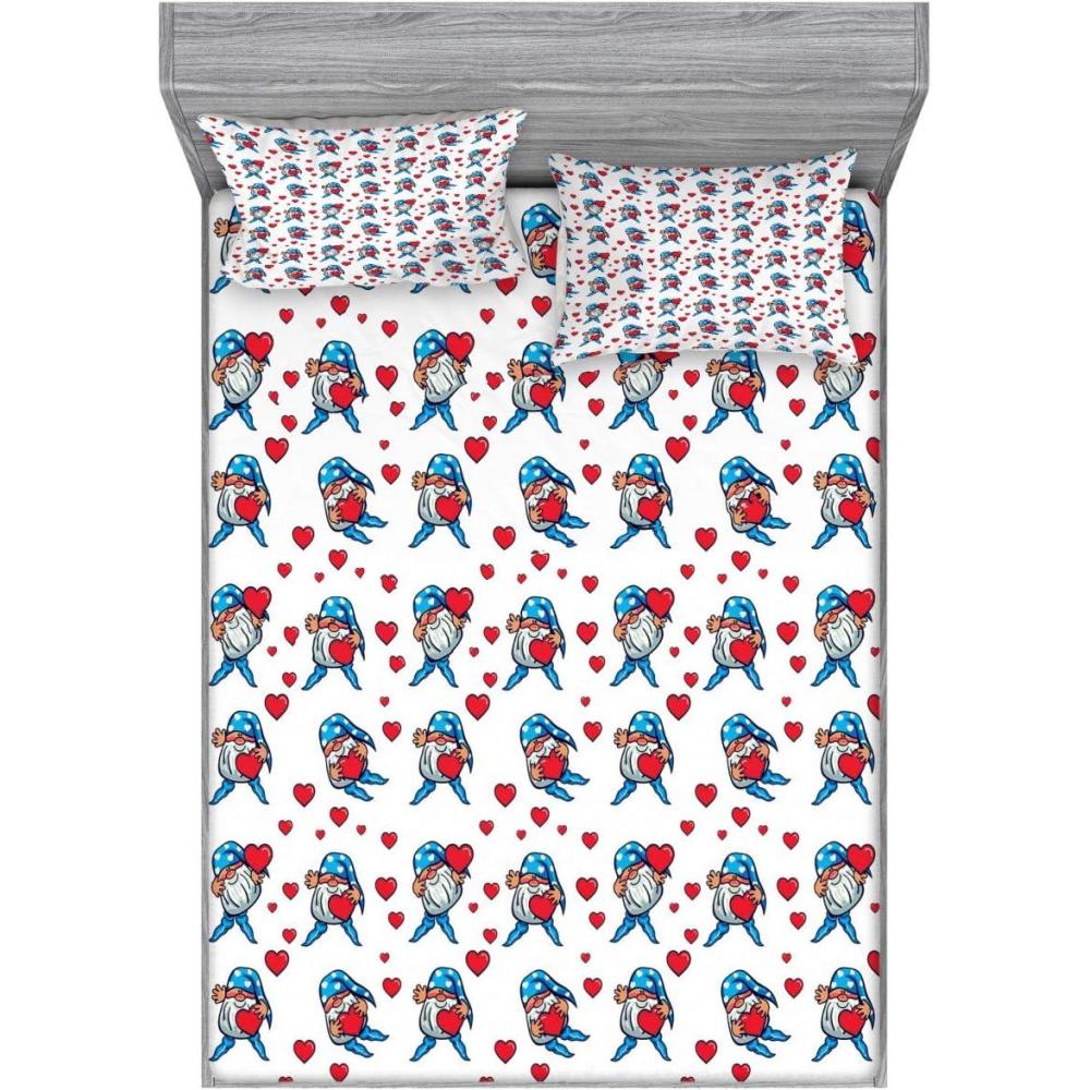 imageAmbesonne Gnome Fitted Sheet amp Pillow Sham Set Elves Holding Hearts Lovers Theme Valentines Day Birthday Romantic Print Decorative Printed 3 Piece Bedding Decor Set Queen Vermilion Blue